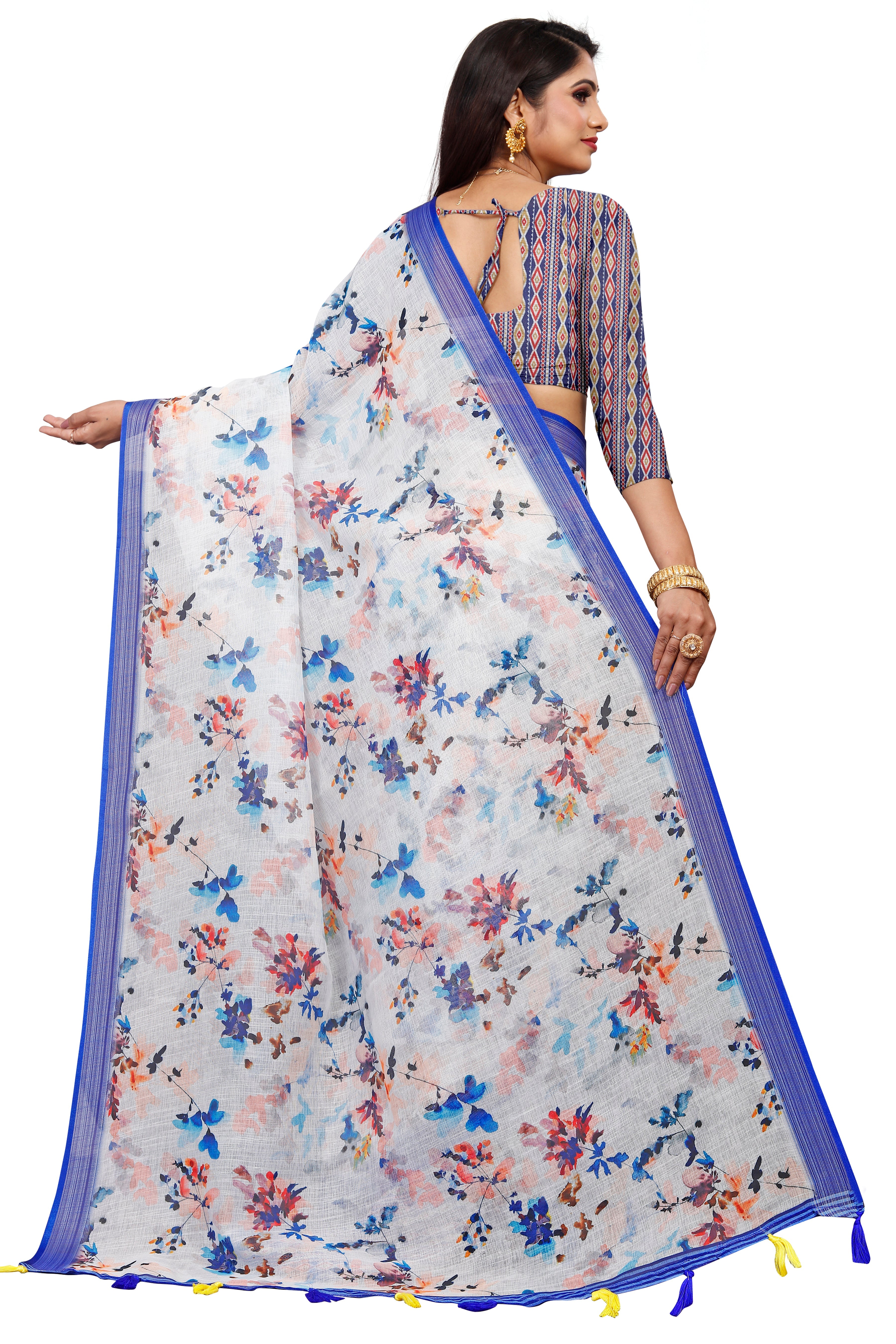 White Floral Print Saree with Royal Blue Border & Tassels