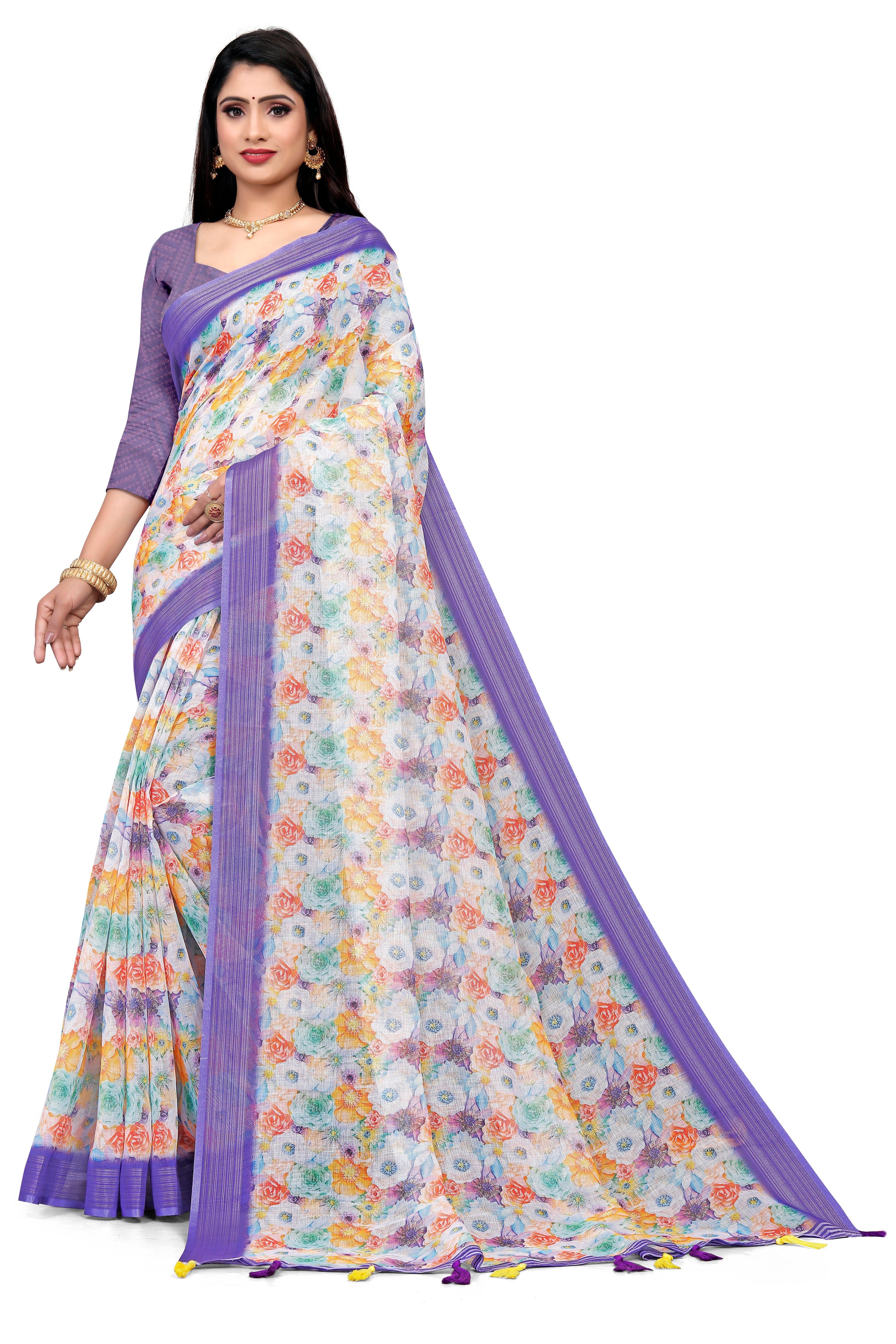 White Multi-Color Floral Saree with Purple Border & Tassels