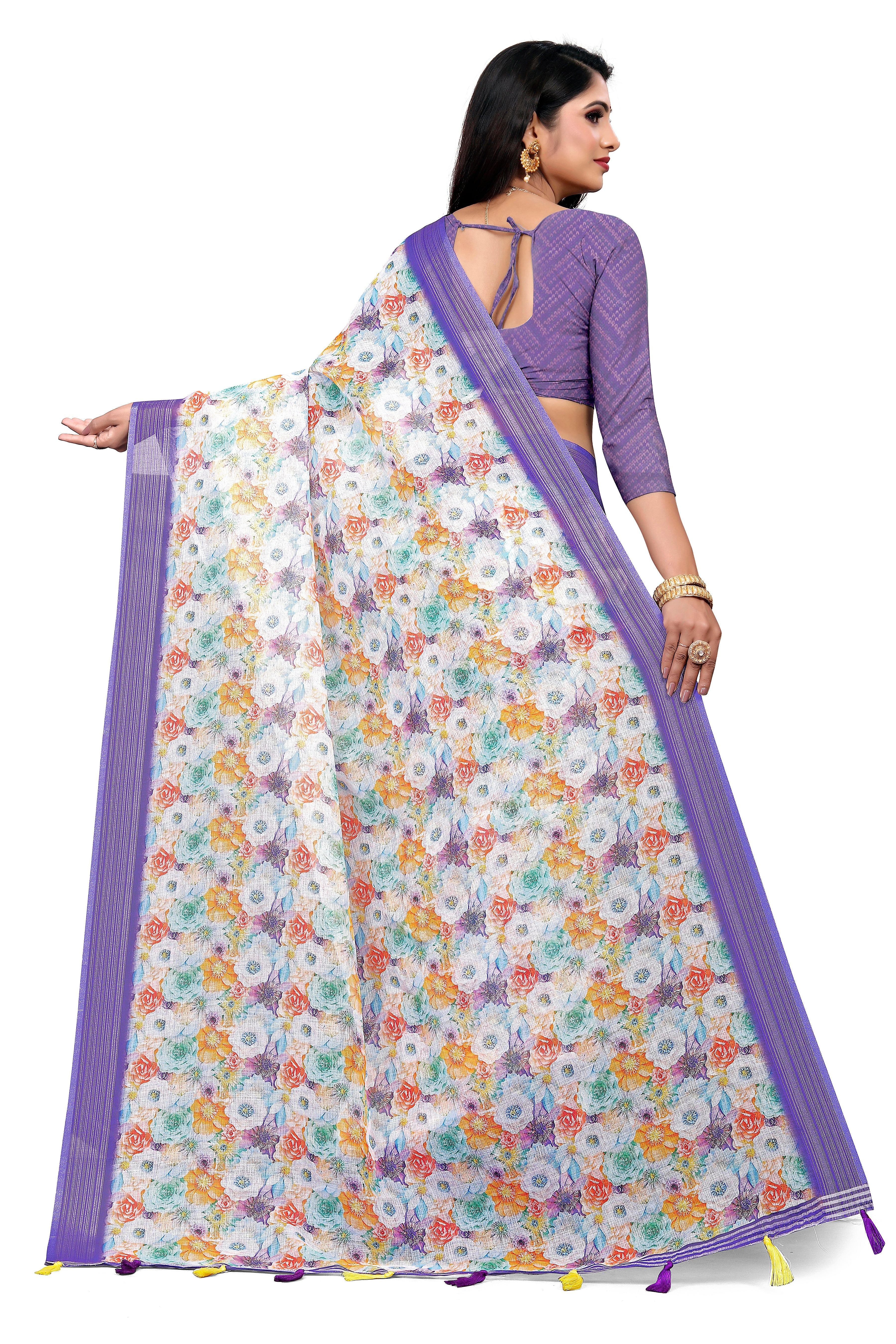 White Multi-Color Floral Saree with Purple Border & Tassels