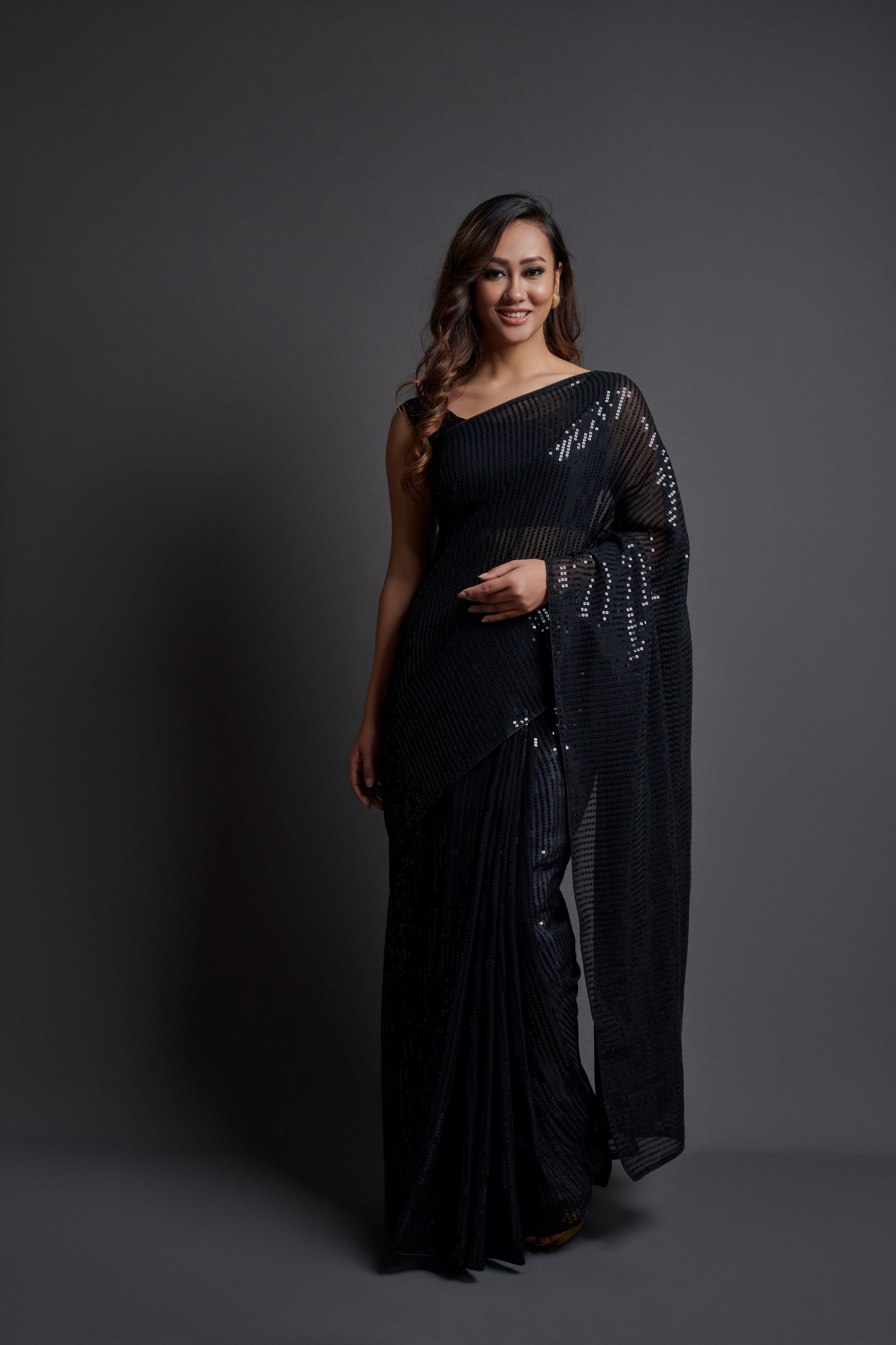 Black Georgette Saree with Designer Sequins Embroidery & Banglori Silk Blouse