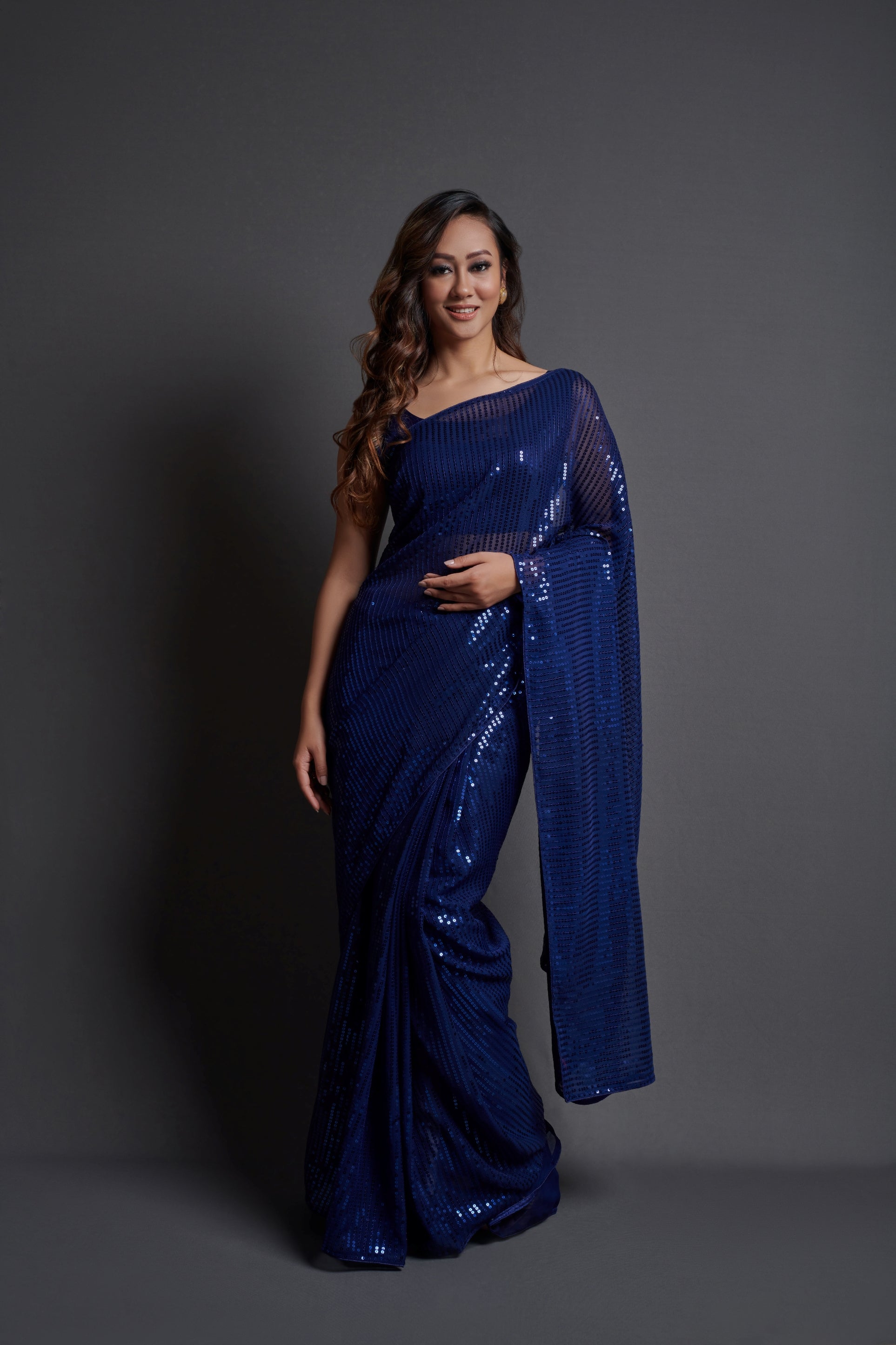 Blue Georgette Saree with Designer Sequins Embroidery & Banglori Silk Blouse
