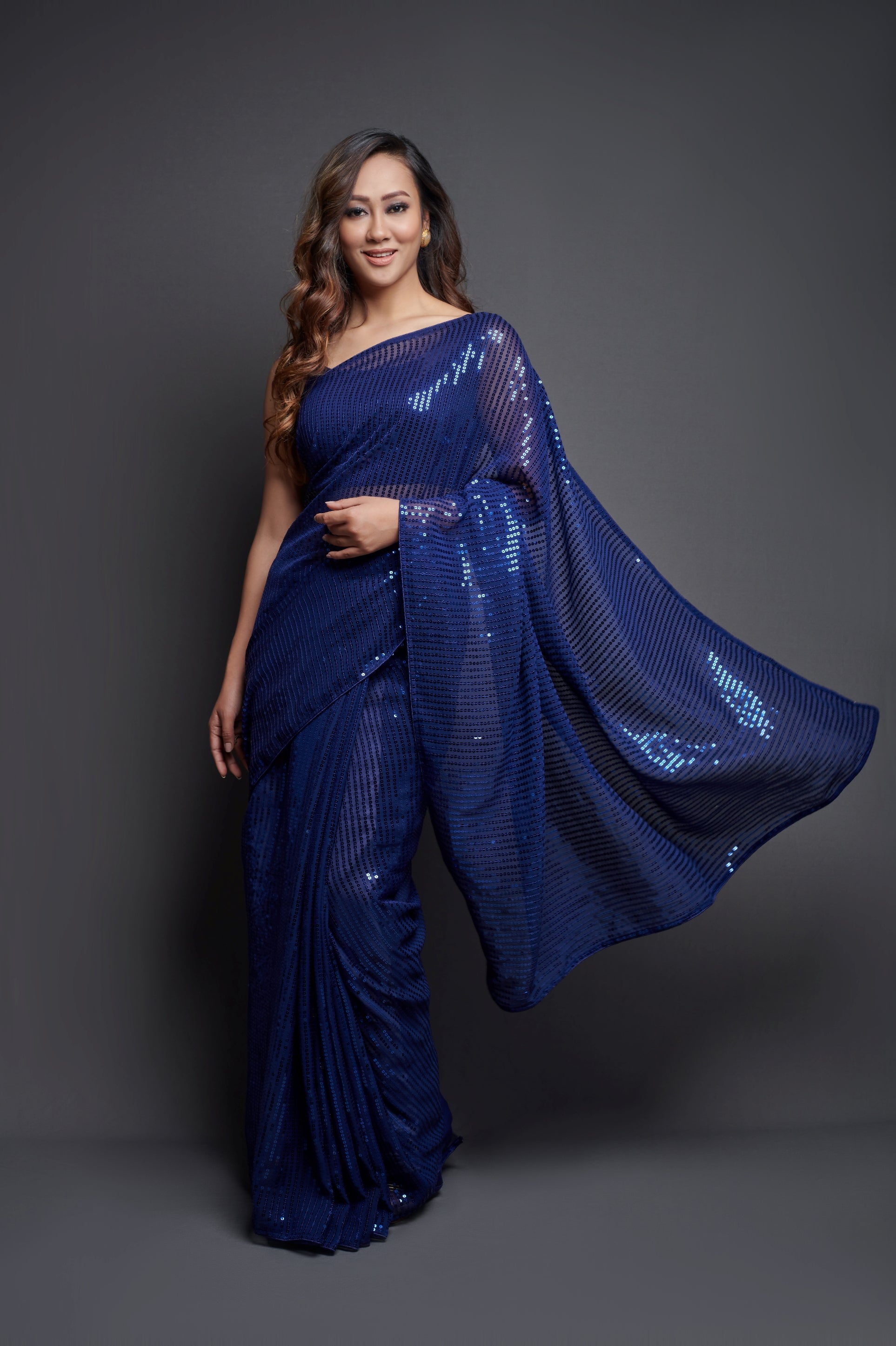 Blue Georgette Saree with Designer Sequins Embroidery & Banglori Silk Blouse