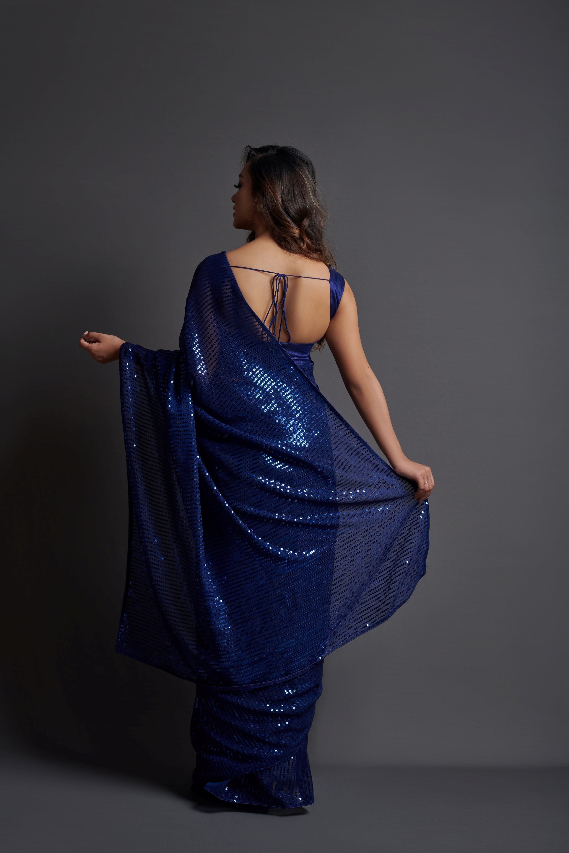 Blue Georgette Saree with Designer Sequins Embroidery & Banglori Silk Blouse