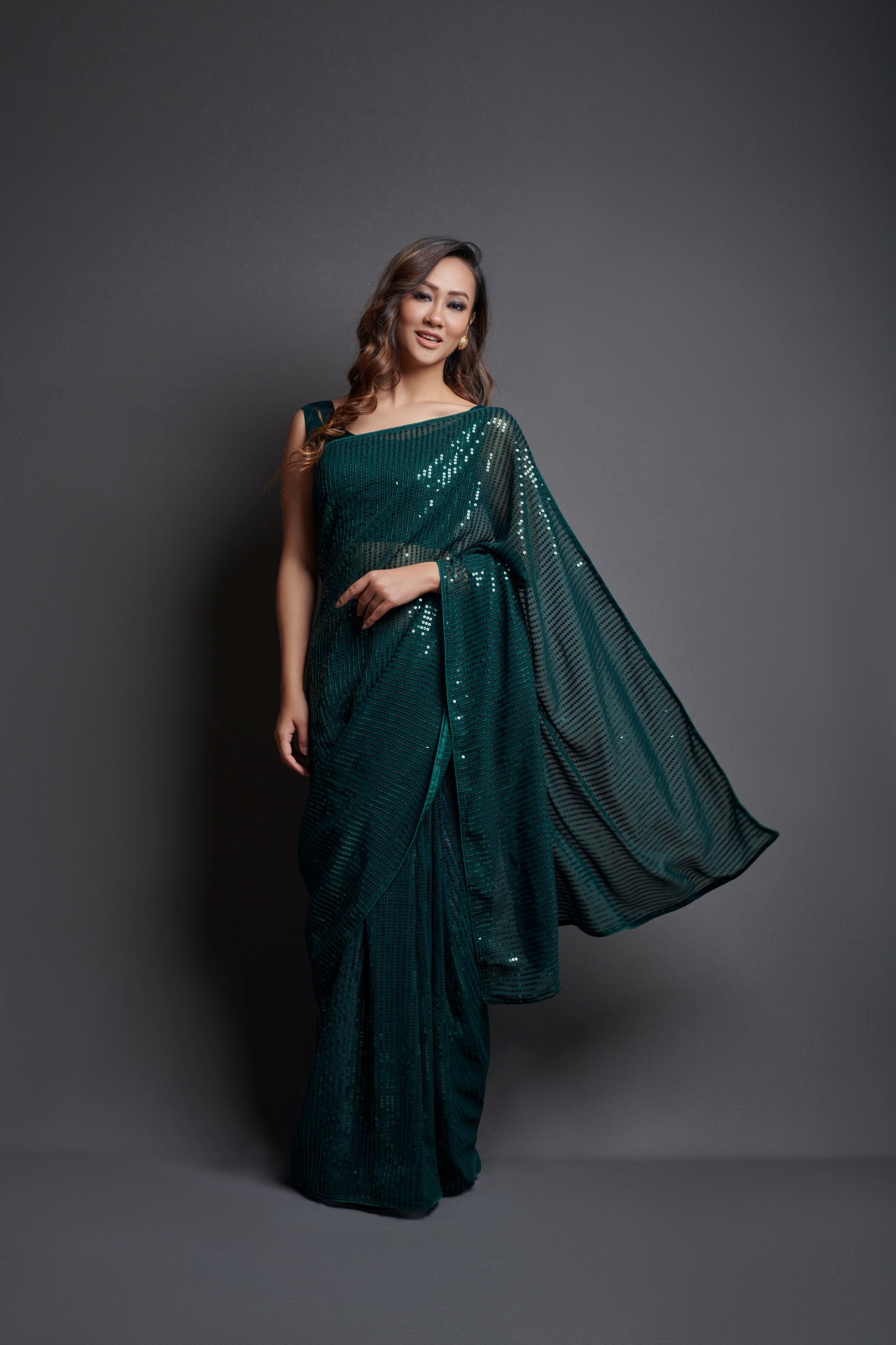 Green Georgette Saree with Designer Sequins Embroidery & Banglori Silk Blouse