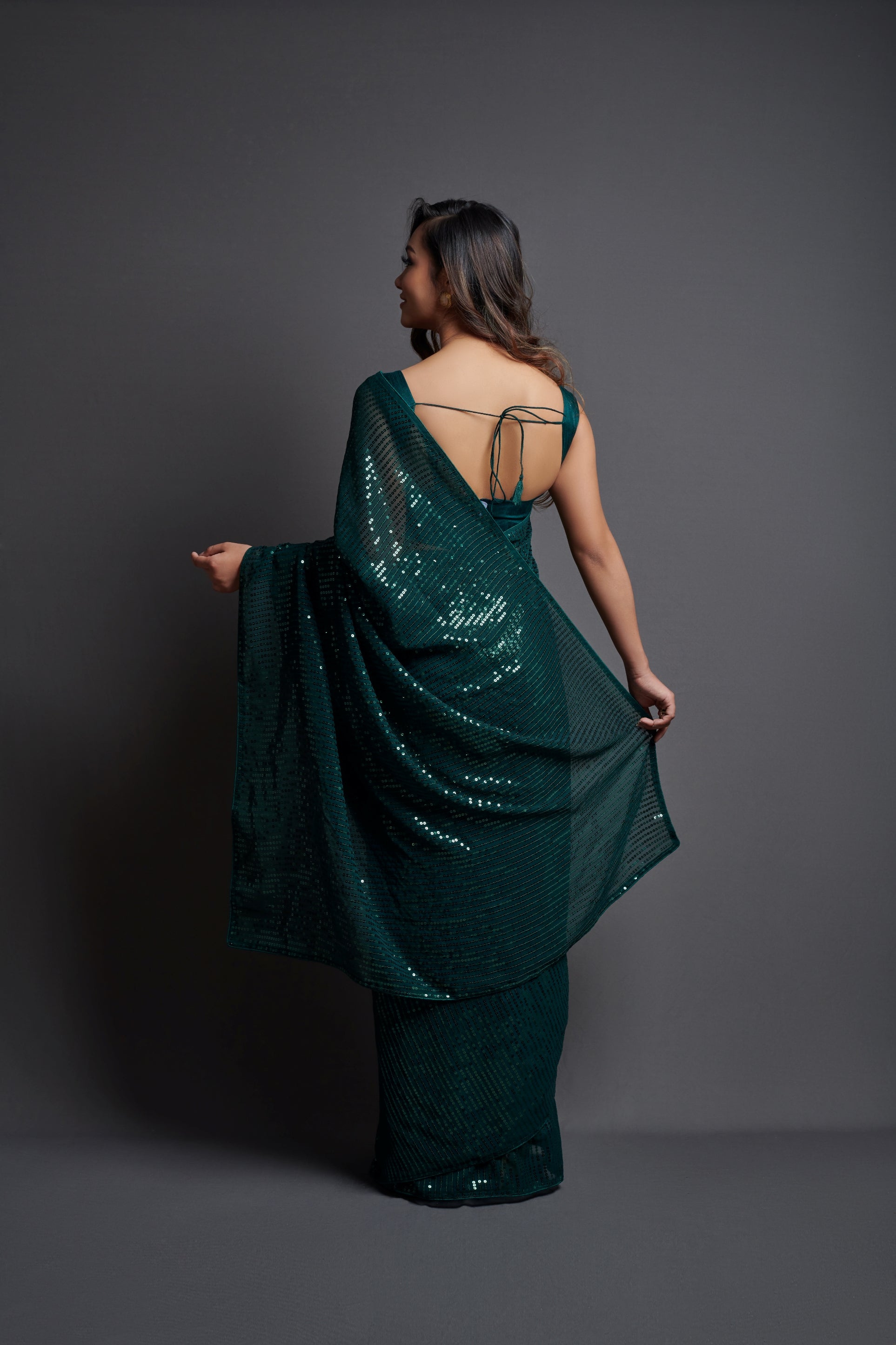 Green Georgette Saree with Designer Sequins Embroidery & Banglori Silk Blouse