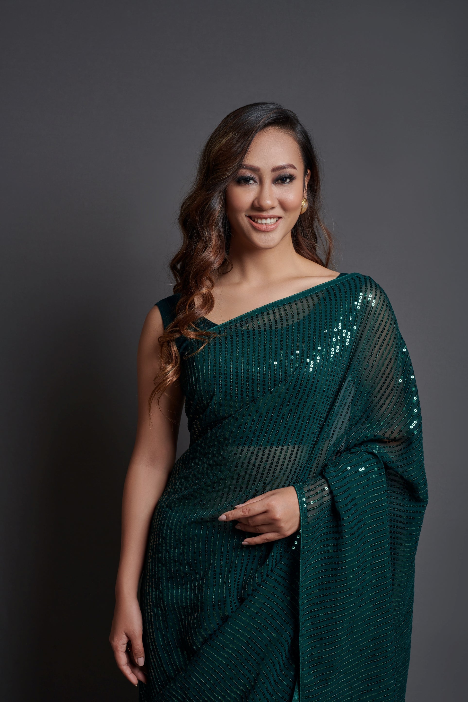 Green Georgette Saree with Designer Sequins Embroidery & Banglori Silk Blouse