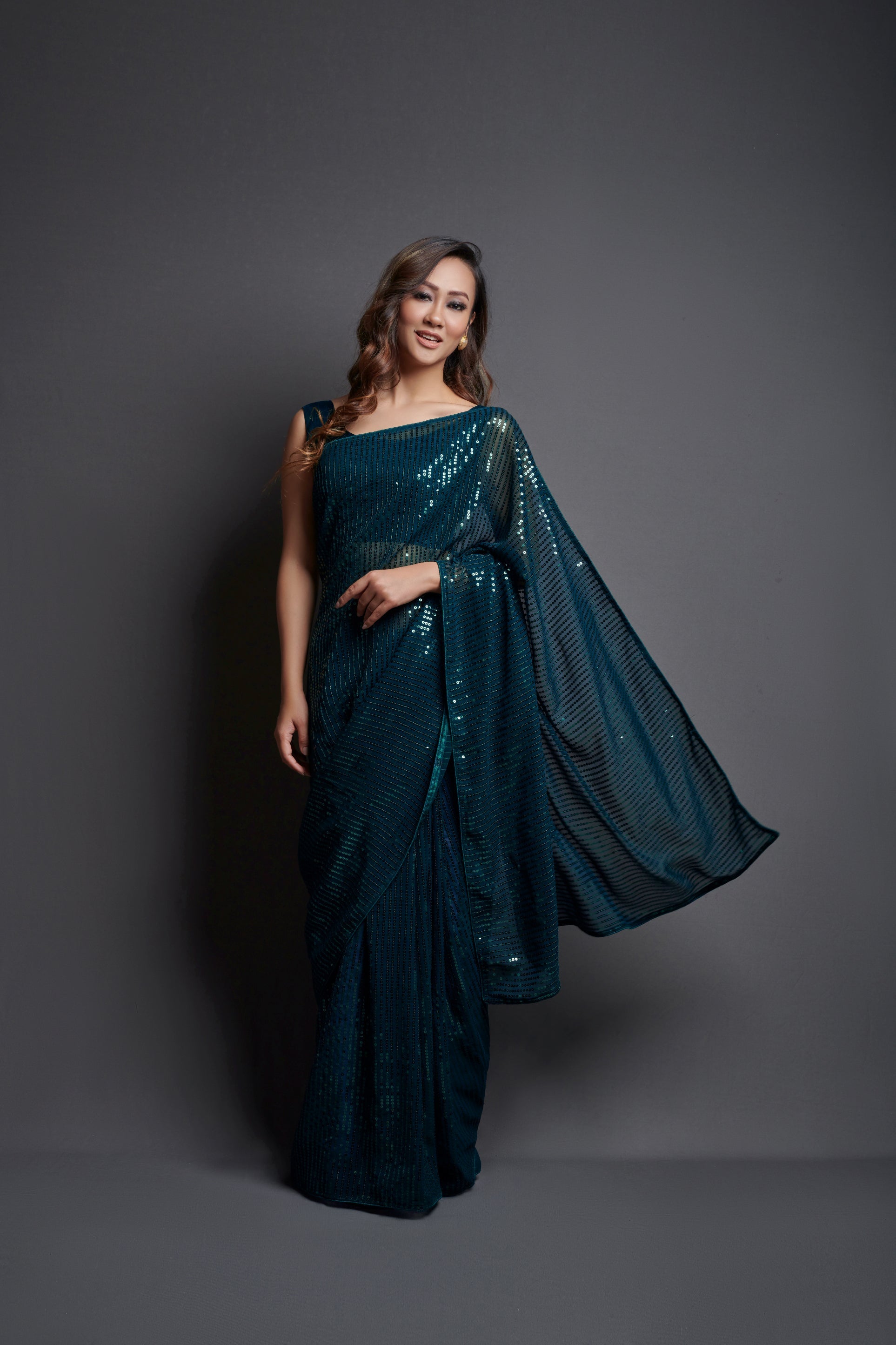 Teal Blue Georgette Saree with Designer Sequins Embroidery & Banglori Silk Blouse