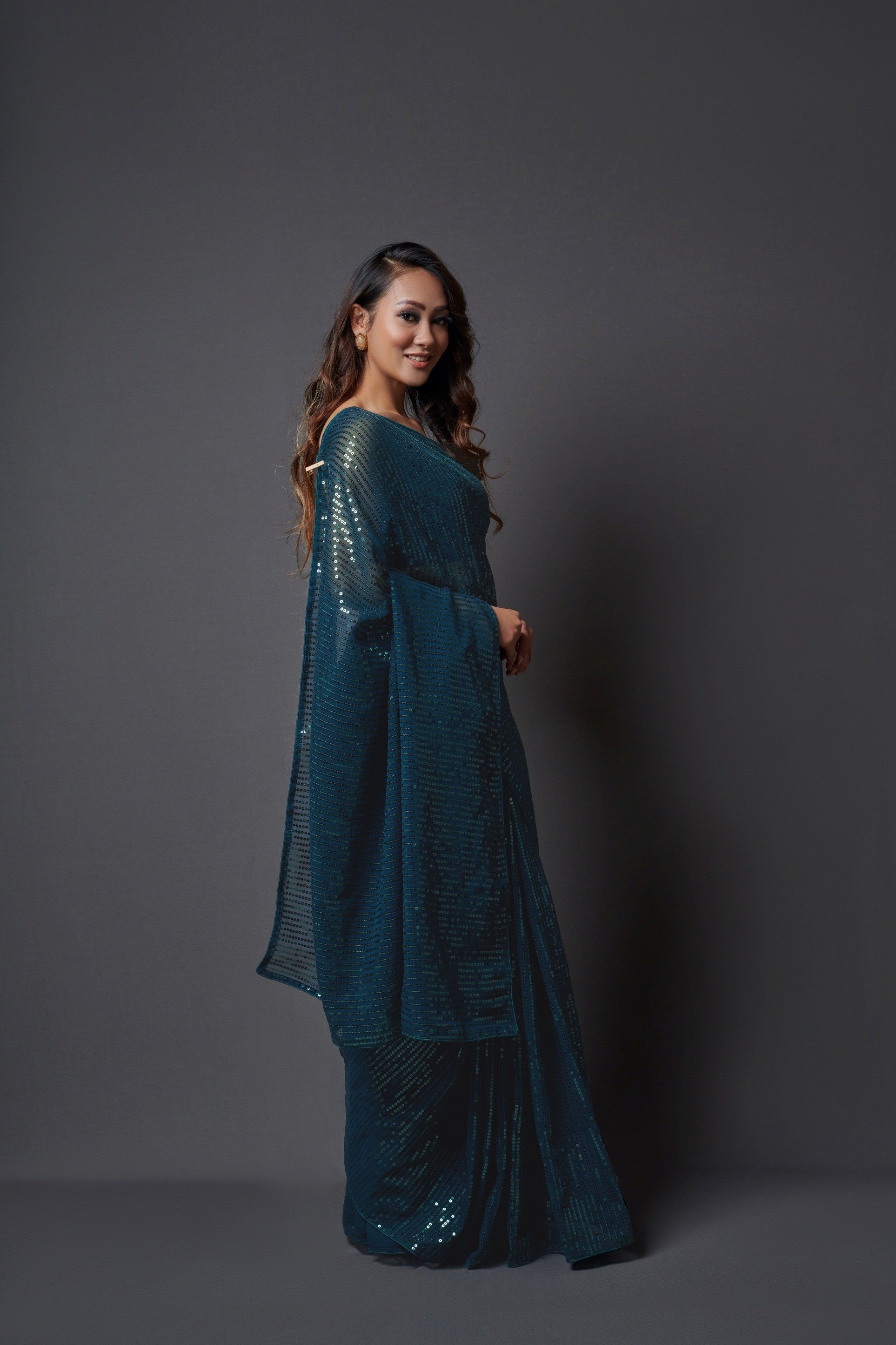 Teal Blue Georgette Saree with Designer Sequins Embroidery & Banglori Silk Blouse