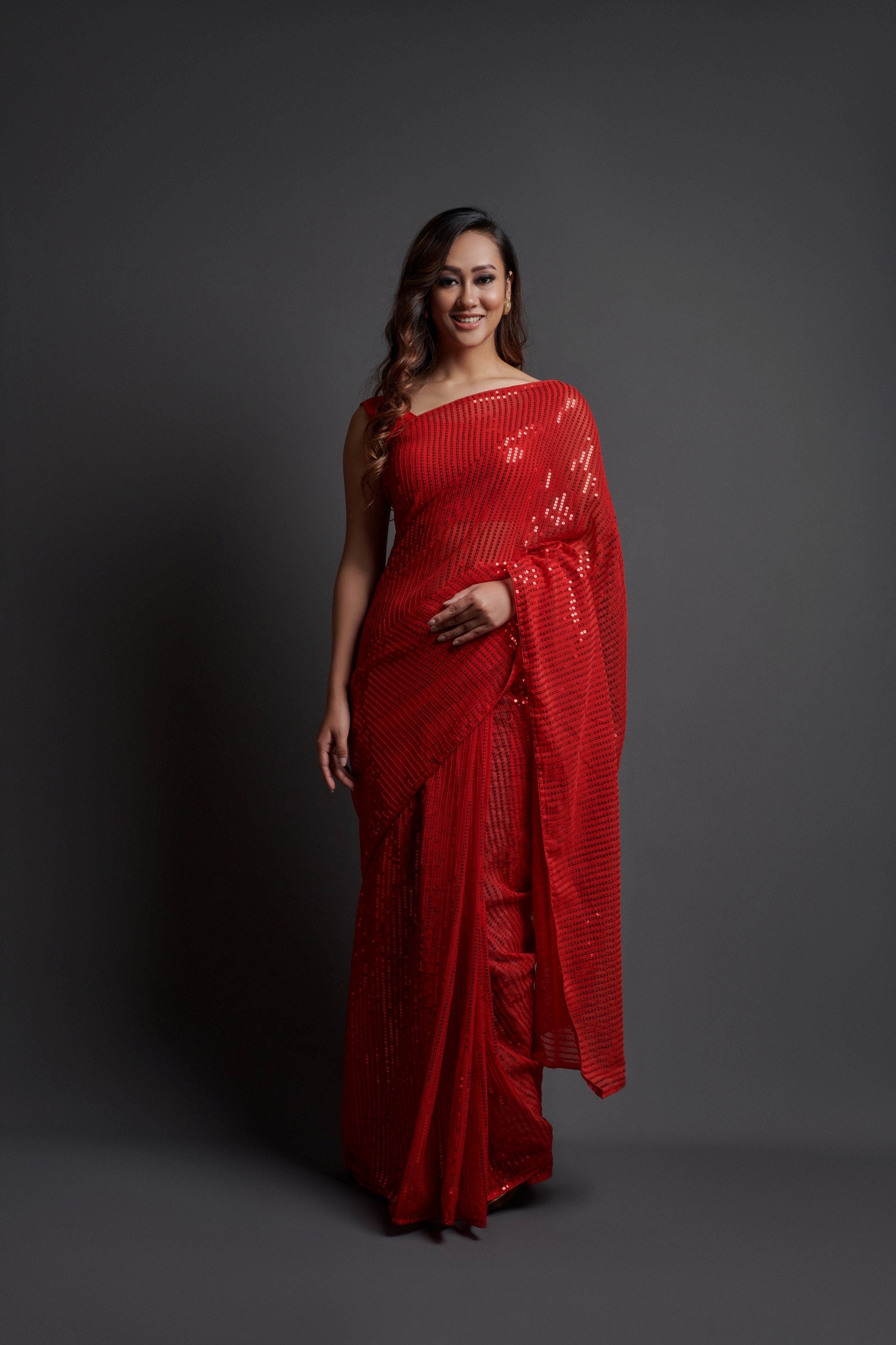 Red Georgette Saree with Designer Sequins Embroidery & Banglori Silk Blouse