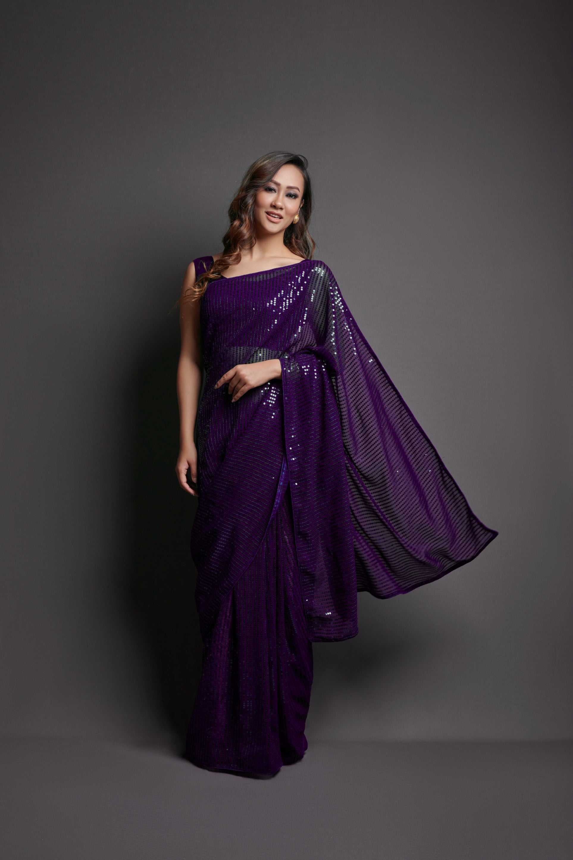 Purple Georgette Saree with Designer Sequins Embroidery & Banglori Silk Blouse