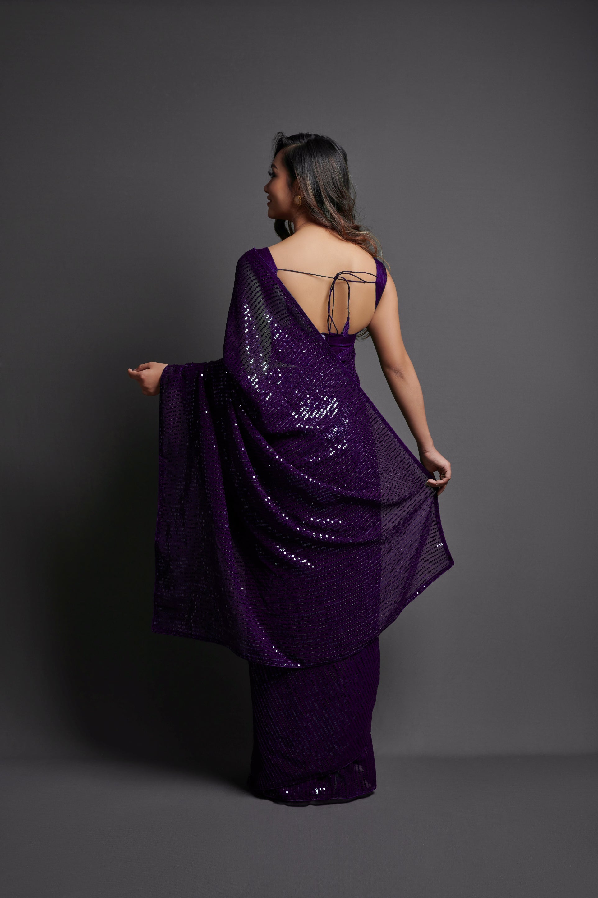 Purple Georgette Saree with Designer Sequins Embroidery & Banglori Silk Blouse