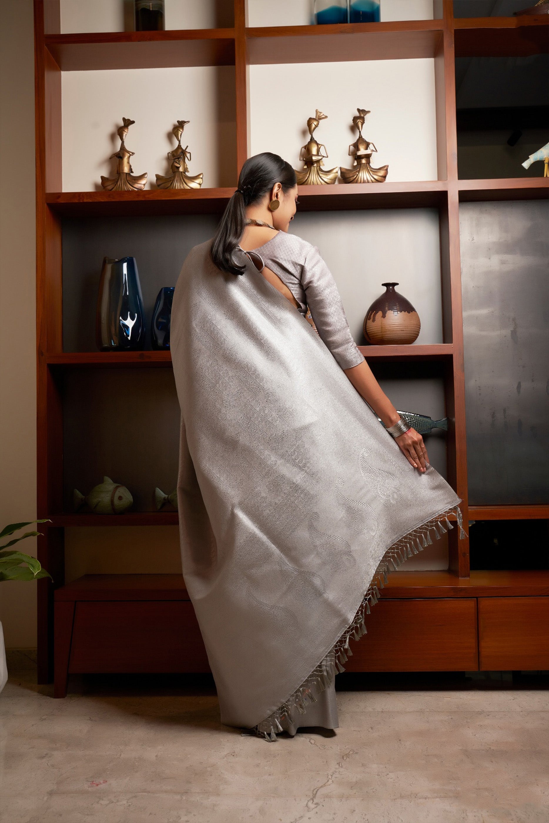 Elegant Grey Satin Silk Saree with Subtle Self Weave and Matching Blouse