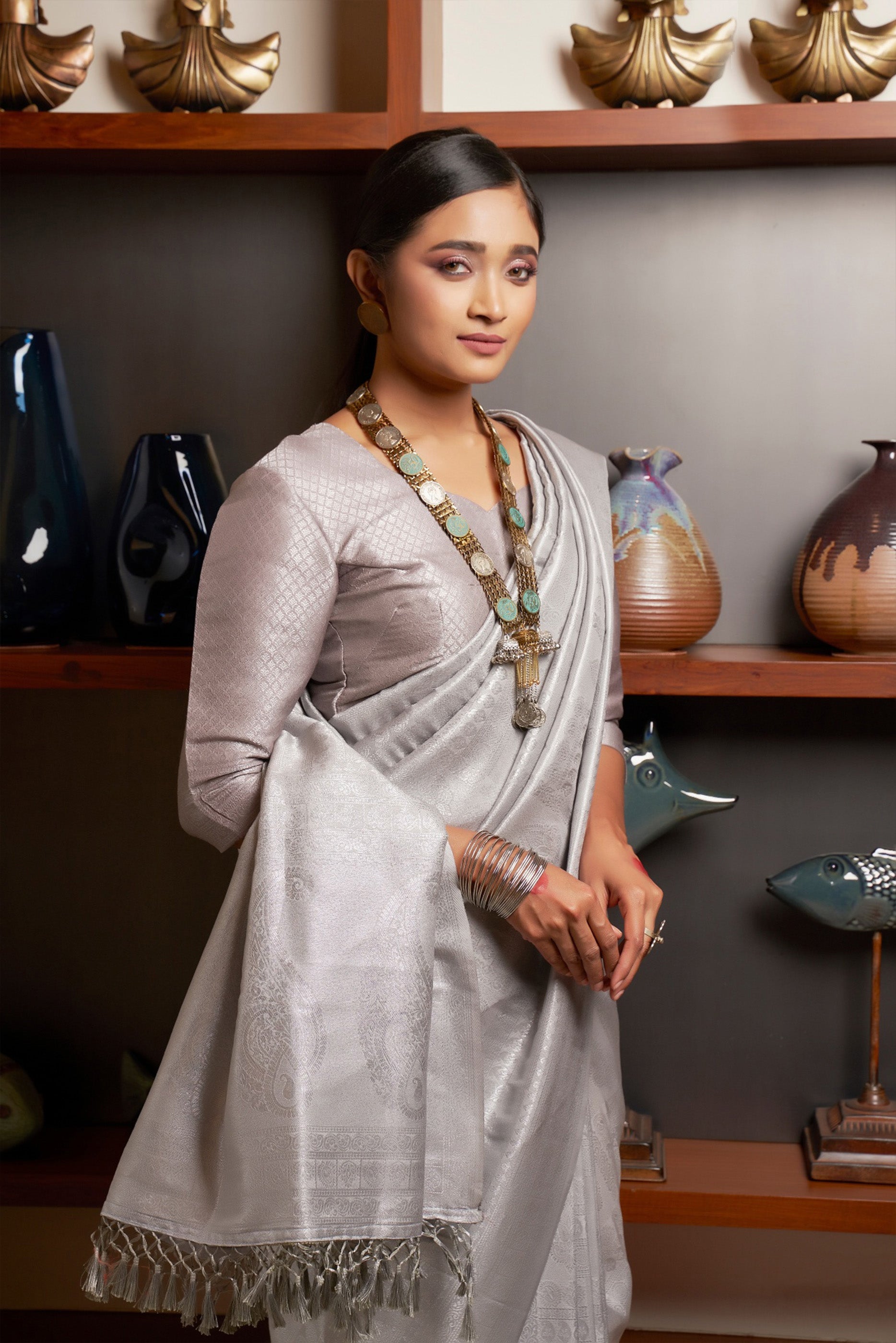 Elegant Grey Satin Silk Saree with Subtle Self Weave and Matching Blouse