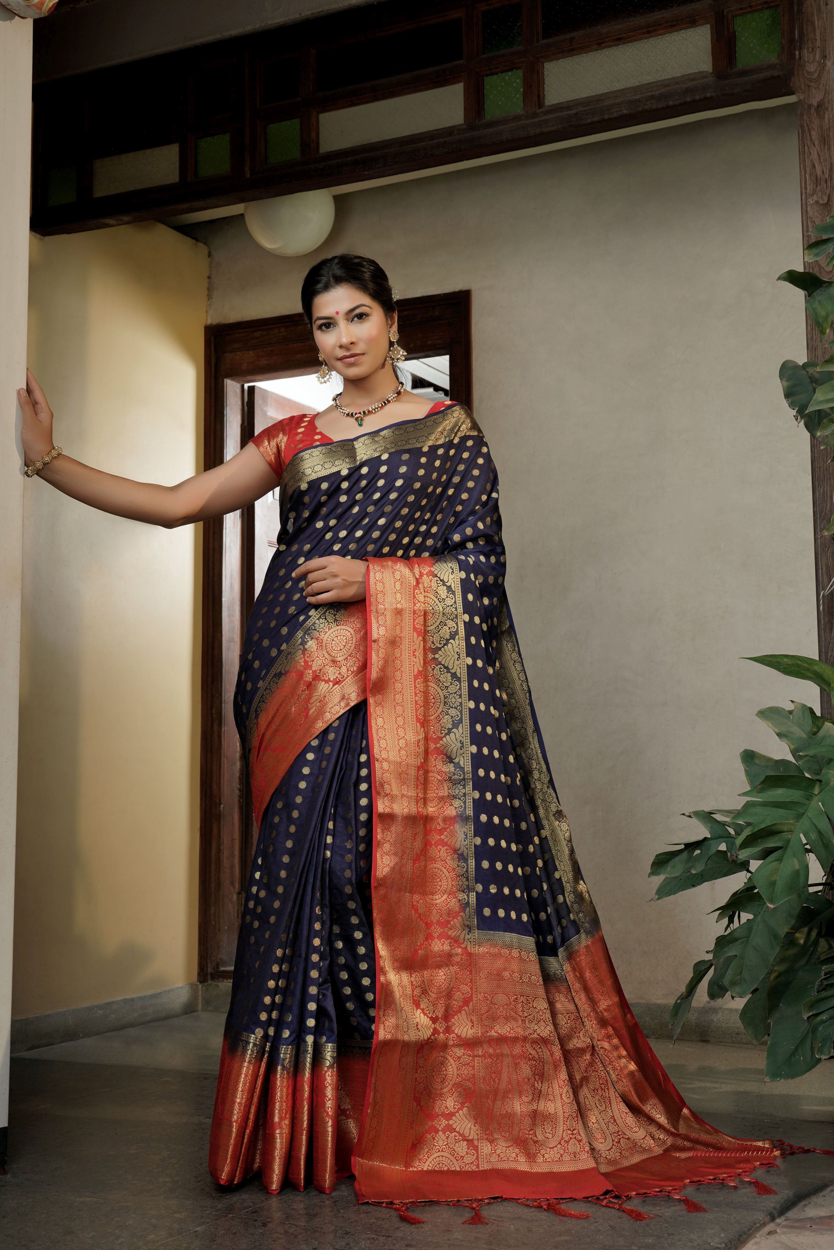 Royal Navy Blue Dola Silk Saree with Red Blouse & Zari Weaving Work