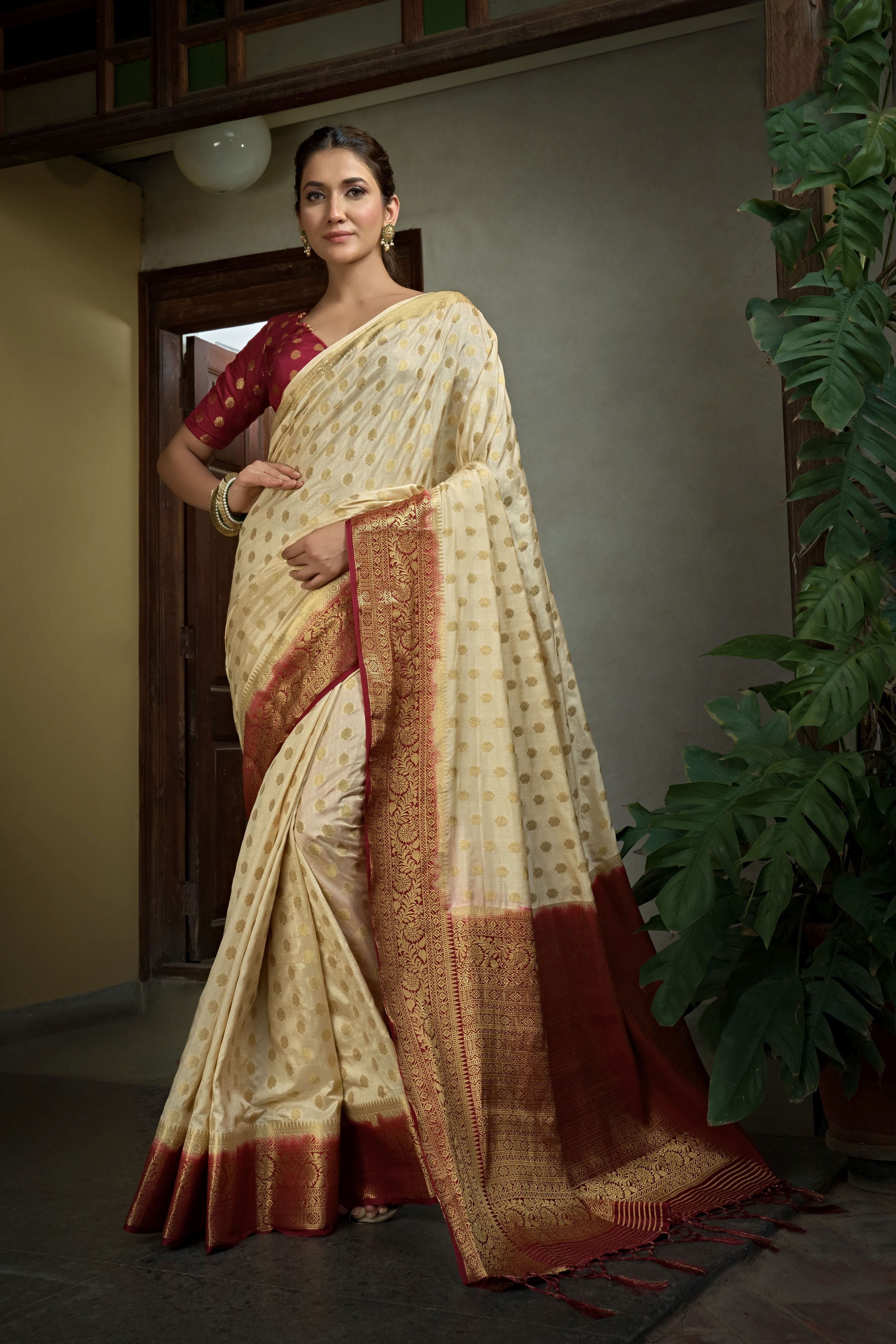 Beige Dola Silk Saree with Maroon Blouse & Zari Weaving Work