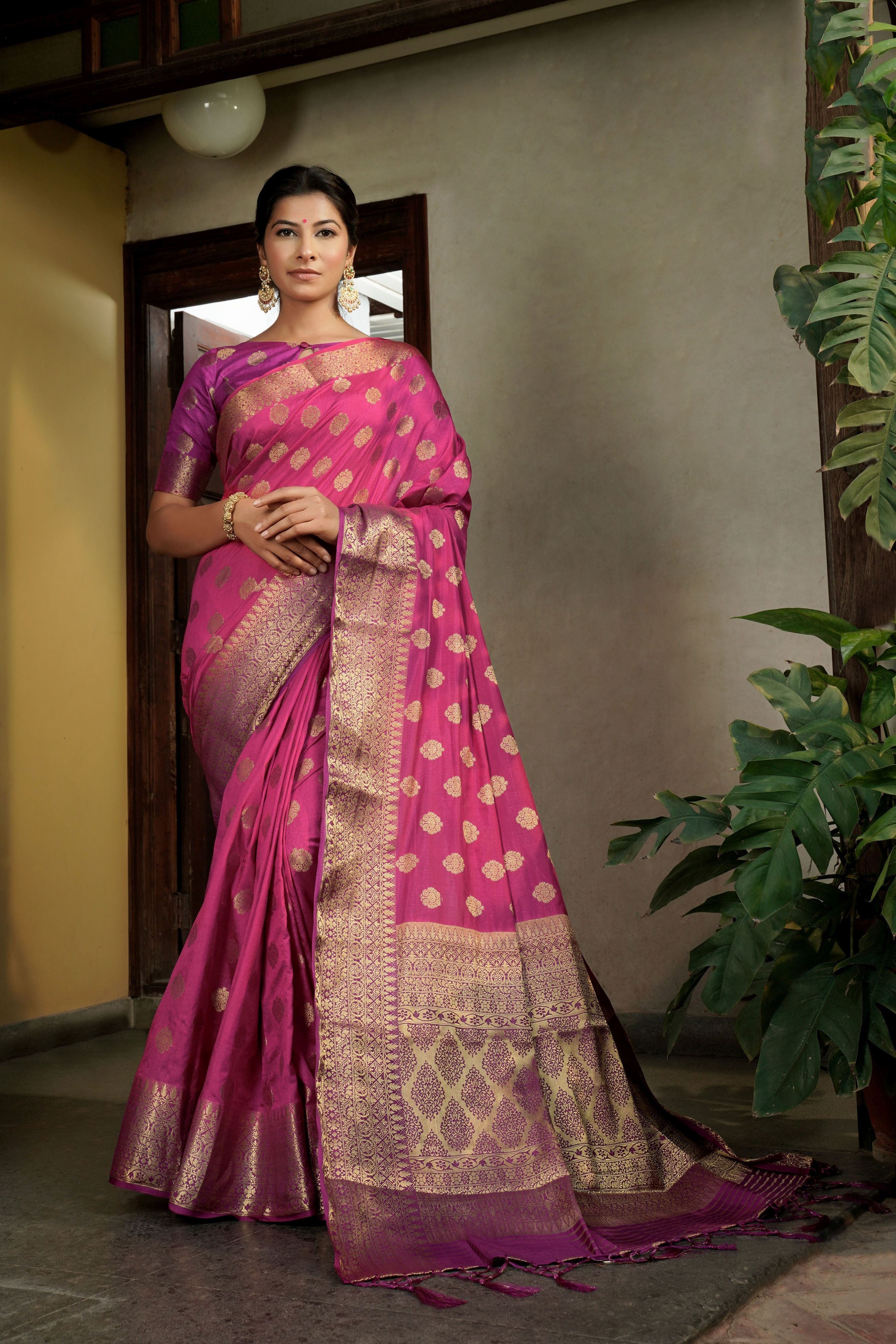 Pink Dola Silk Saree with Purple Blouse & Elegant Golden Zari Weaving