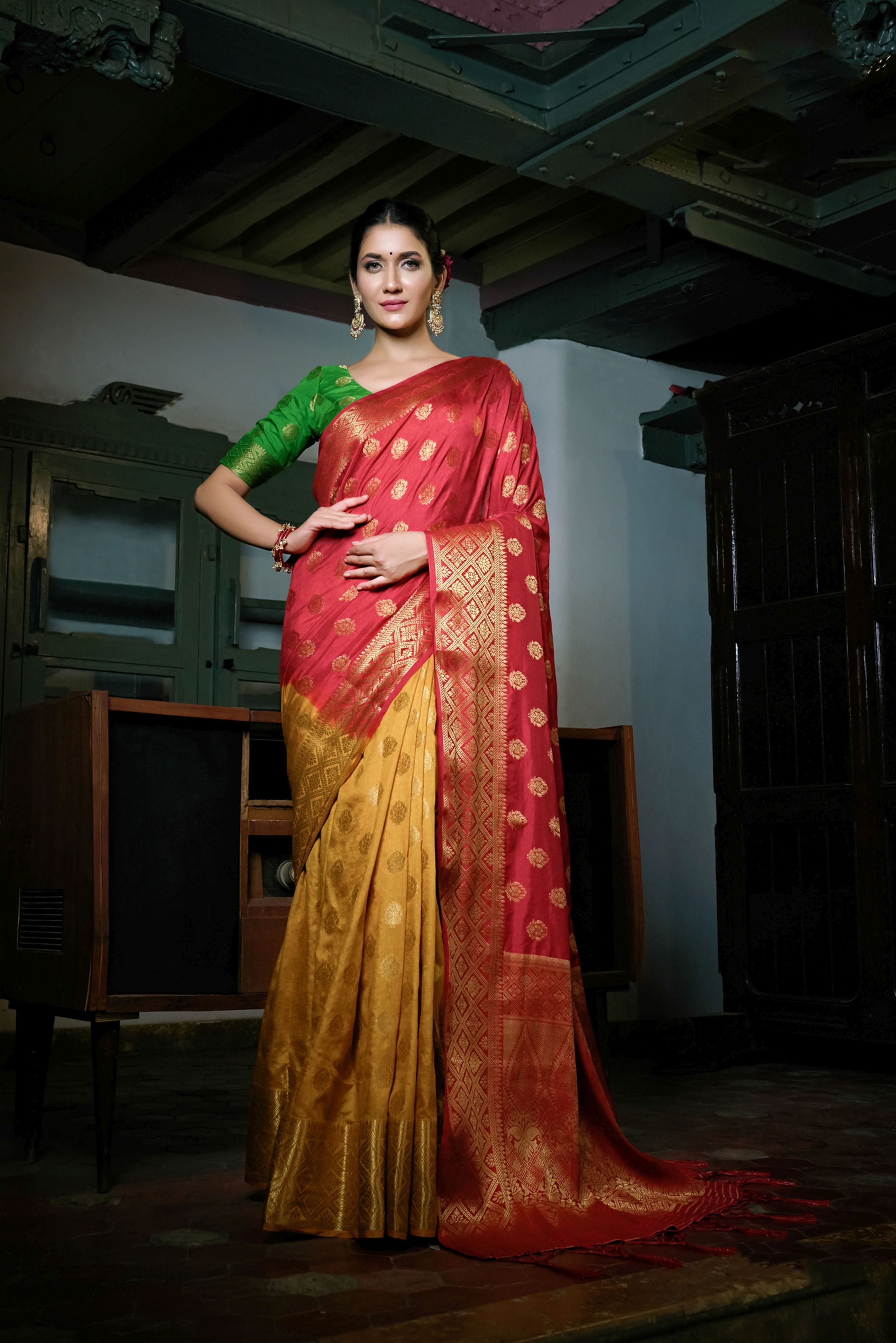 Maroon and Yellow Art Silk Saree with  Green Blouse