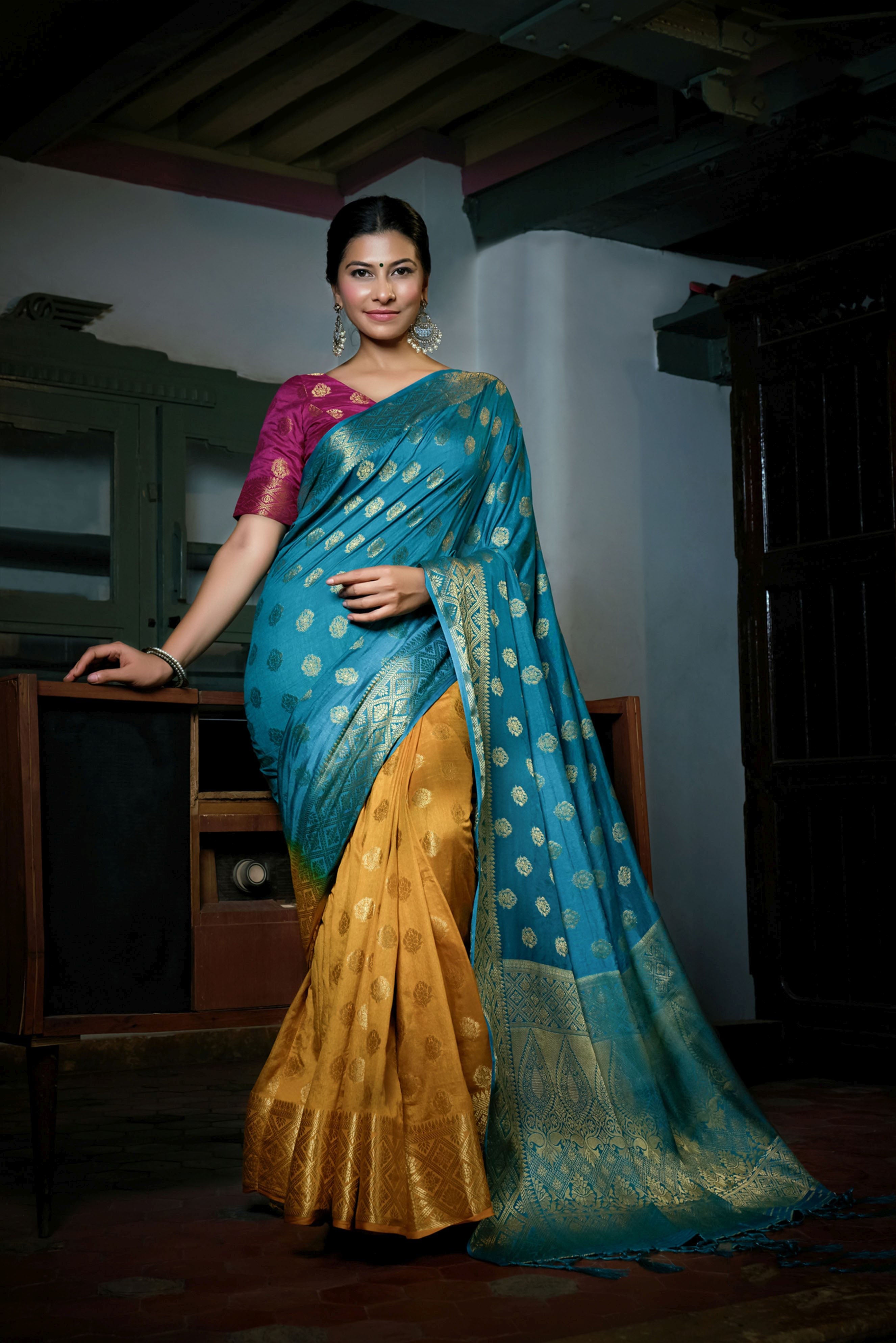 Blue Art Silk Saree with Golden Weaving Work and Purple Blouse