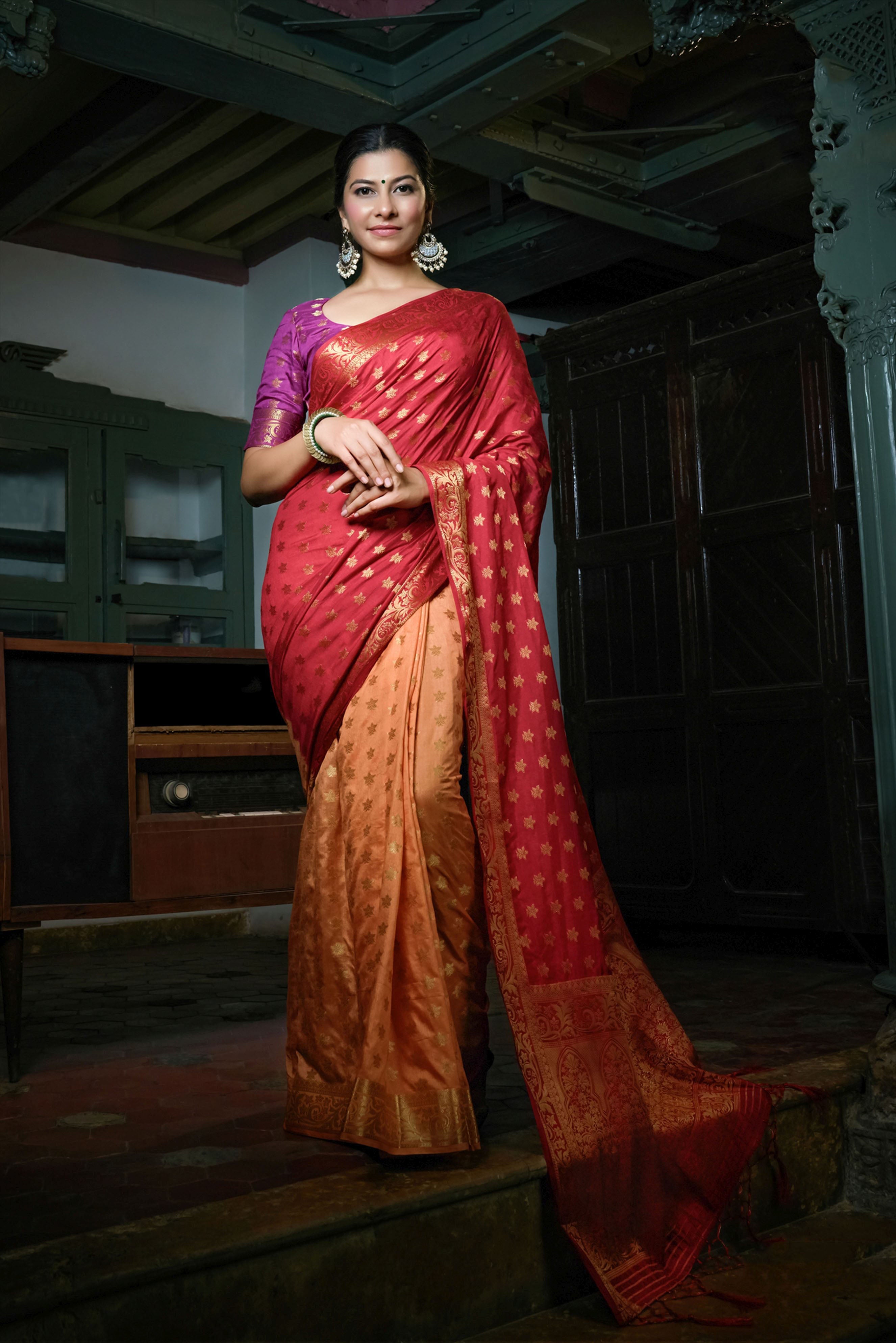 Maroon Art Silk Saree with Golden Weaving Work and Purple Blouse