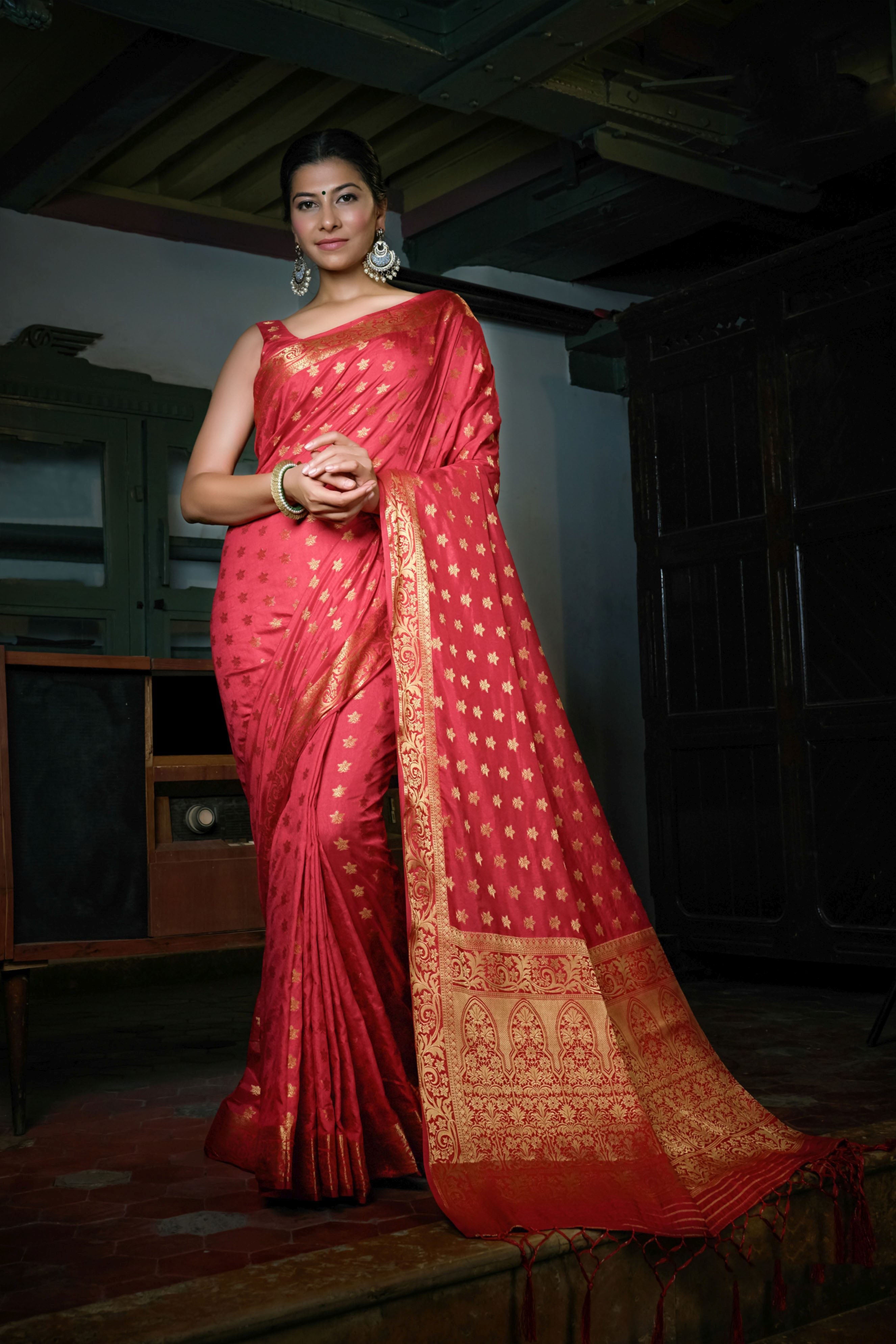 Red Art Silk Saree with Golden Weaving Border and Matching Blouse