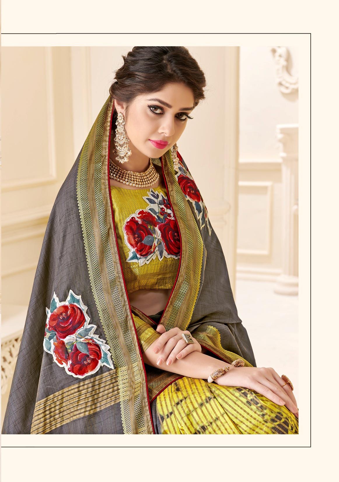 Elegant Grey & Golden Tassar Silk Half Half Saree with Wevon Designer Butta Print