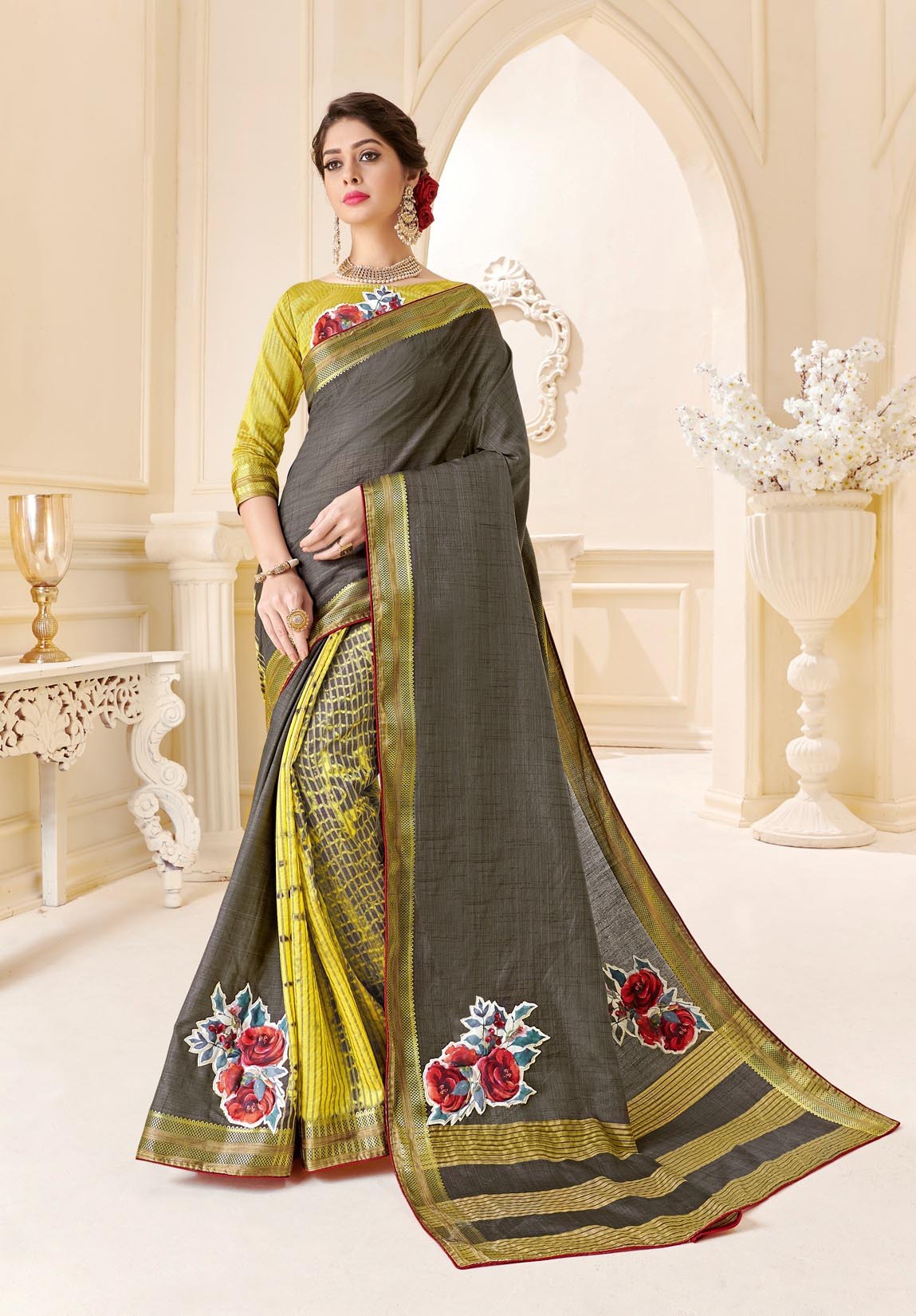 Elegant Grey & Golden Tassar Silk Half Half Saree with Wevon Designer Butta Print