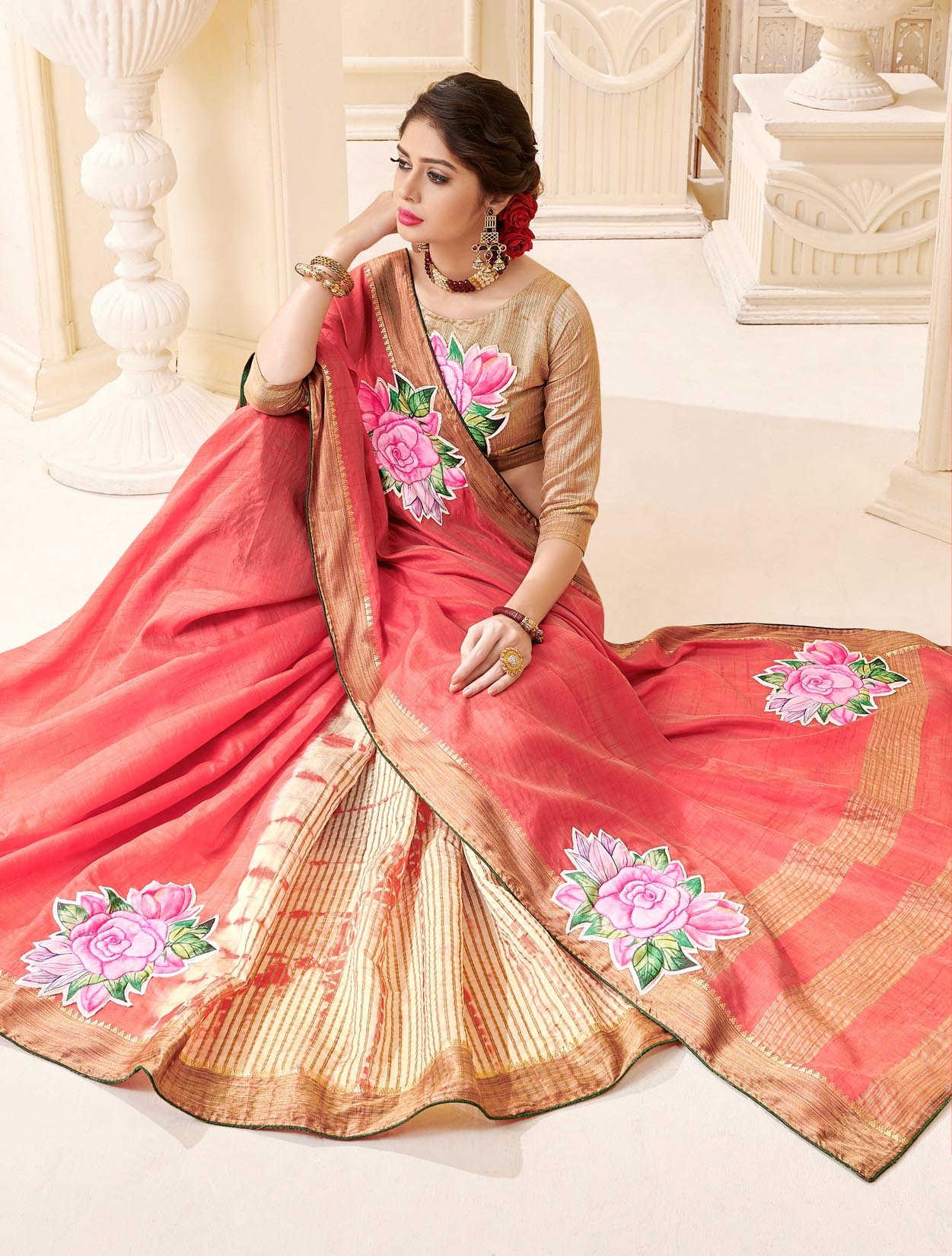 Peach & Beige Tassar Silk Half Half Saree with Floral Applique and Golden Border