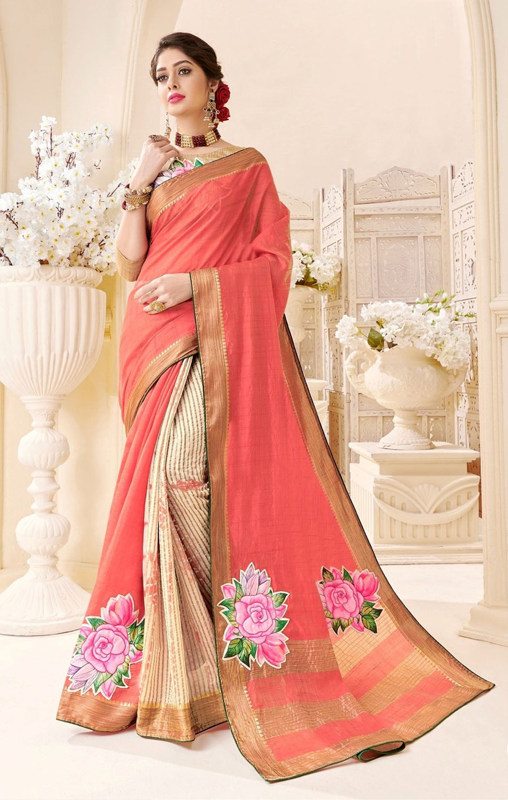 Peach & Beige Tassar Silk Half Half Saree with Floral Applique and Golden Border