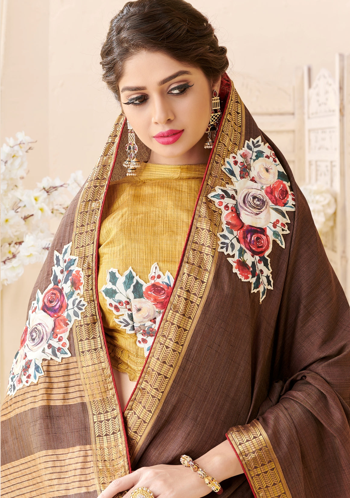 Brown & Golden Tassar Silk Half Half Saree with Floral Applique and Butta Print