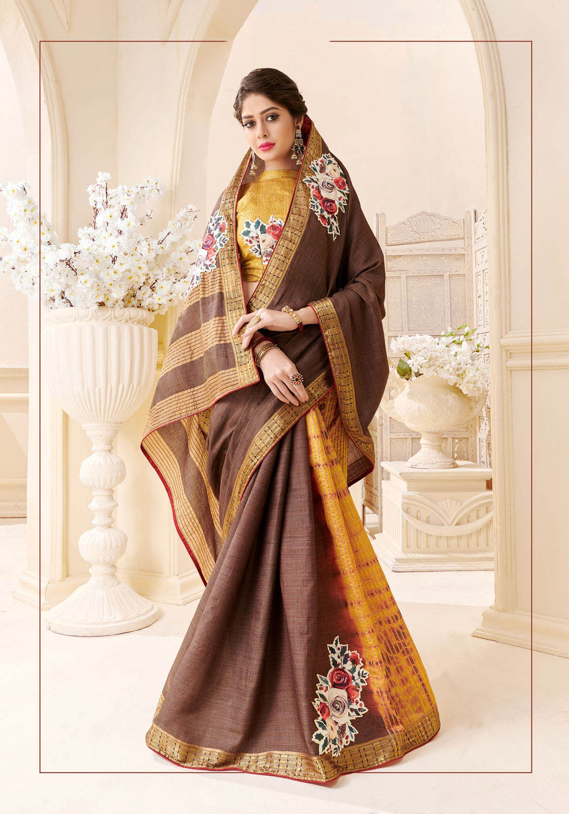 Brown & Golden Tassar Silk Half Half Saree with Floral Applique and Butta Print