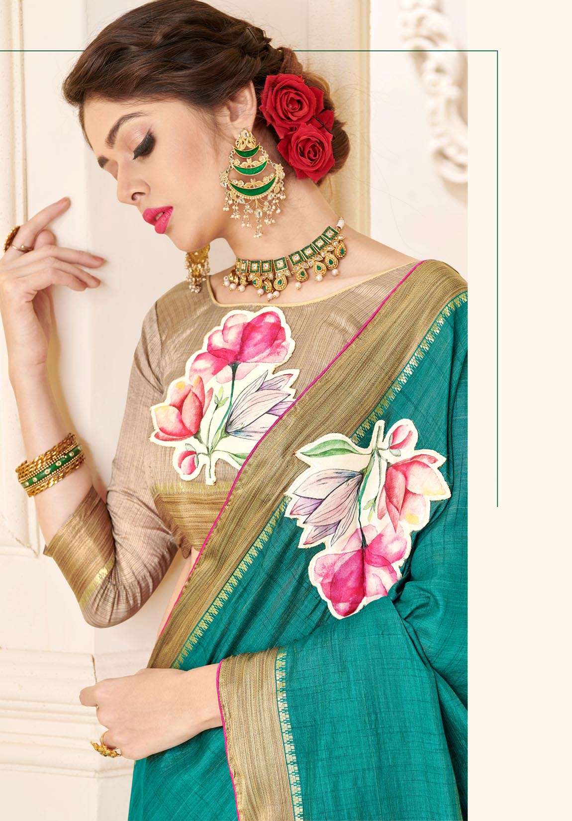 Turquoise Tassar Silk Saree with Golden Border and Beige Blouse
