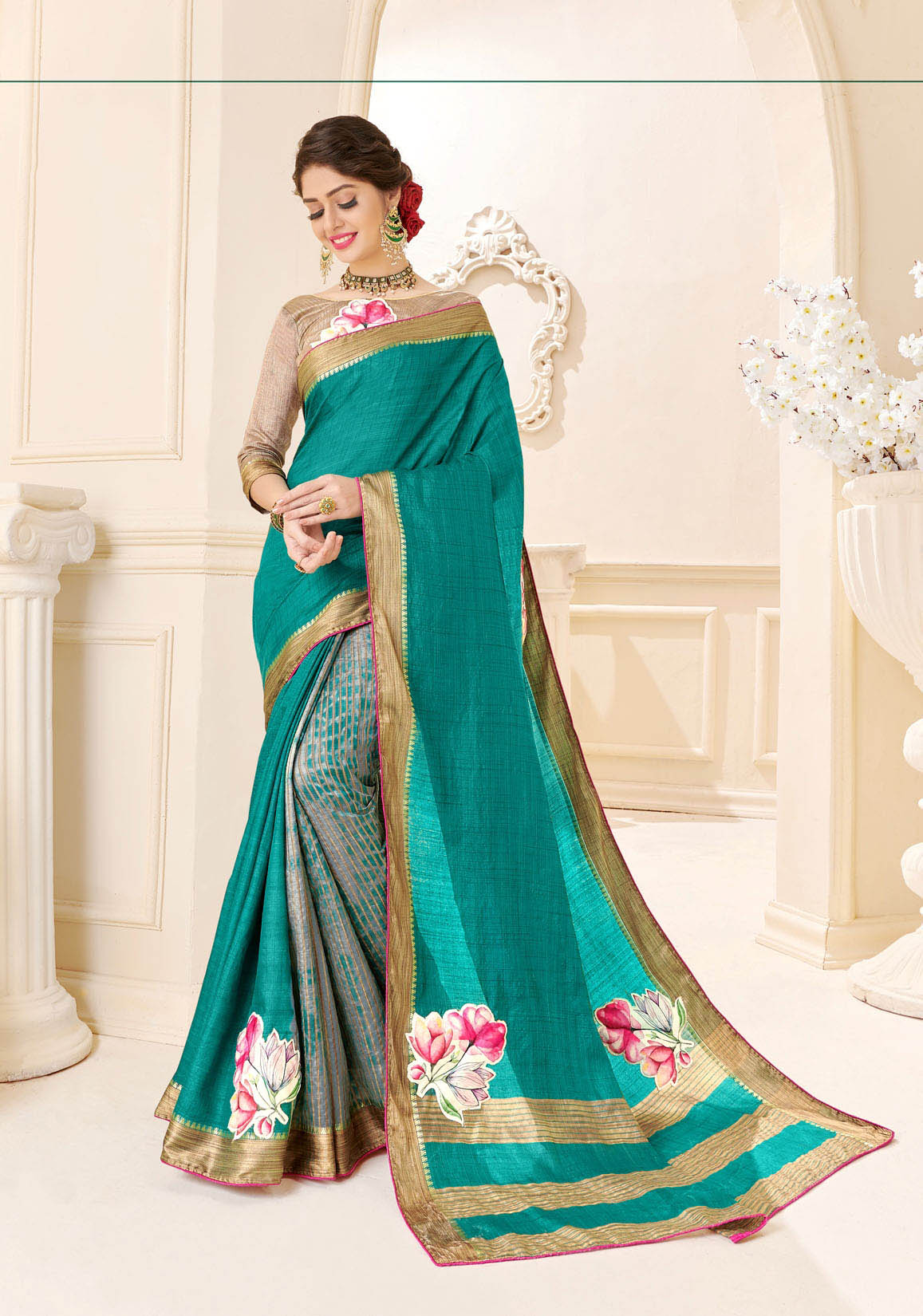 Turquoise Tassar Silk Saree with Golden Border and Beige Blouse
