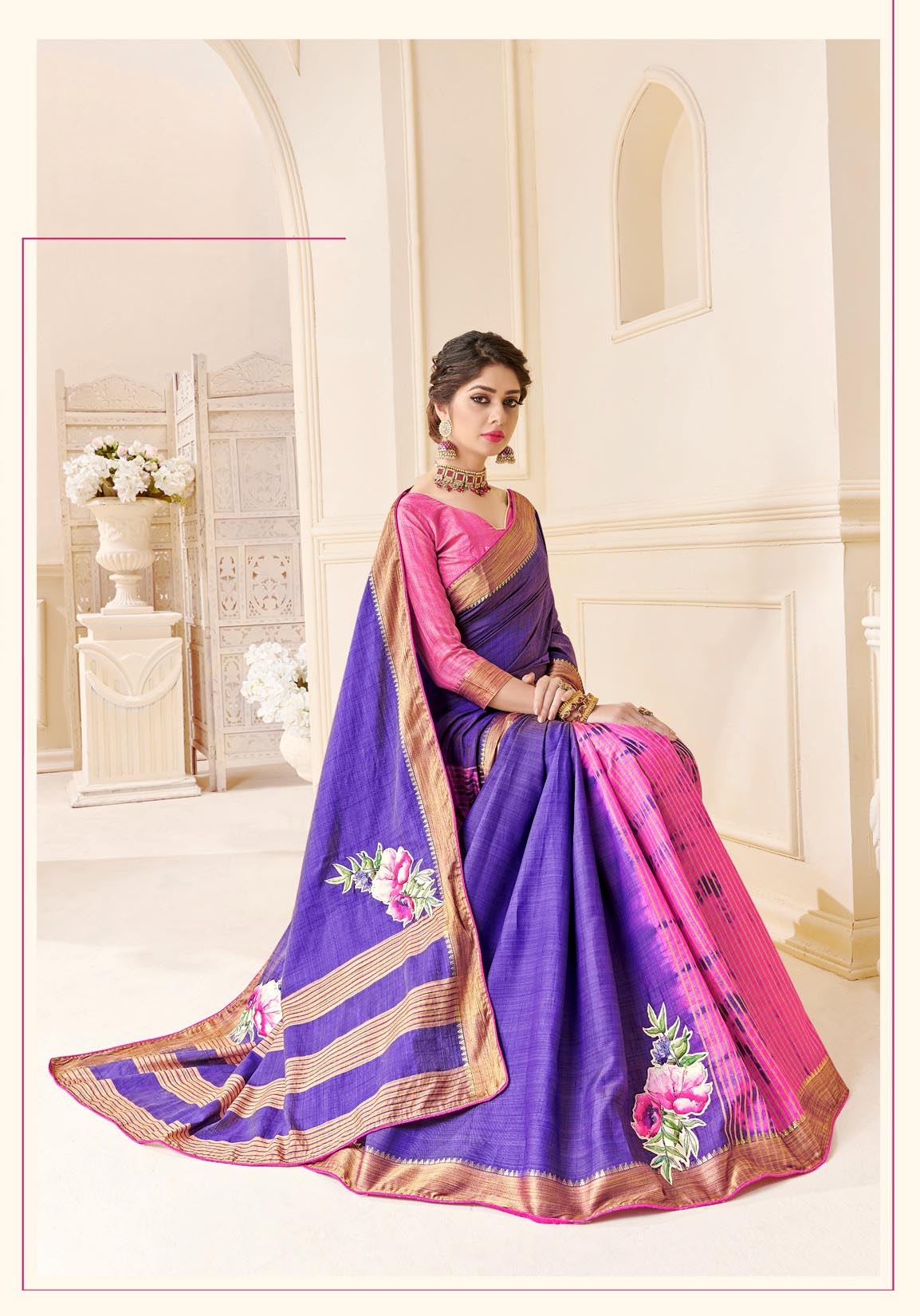 Violet Tassar Silk Saree with Golden Border and Pink Blouse