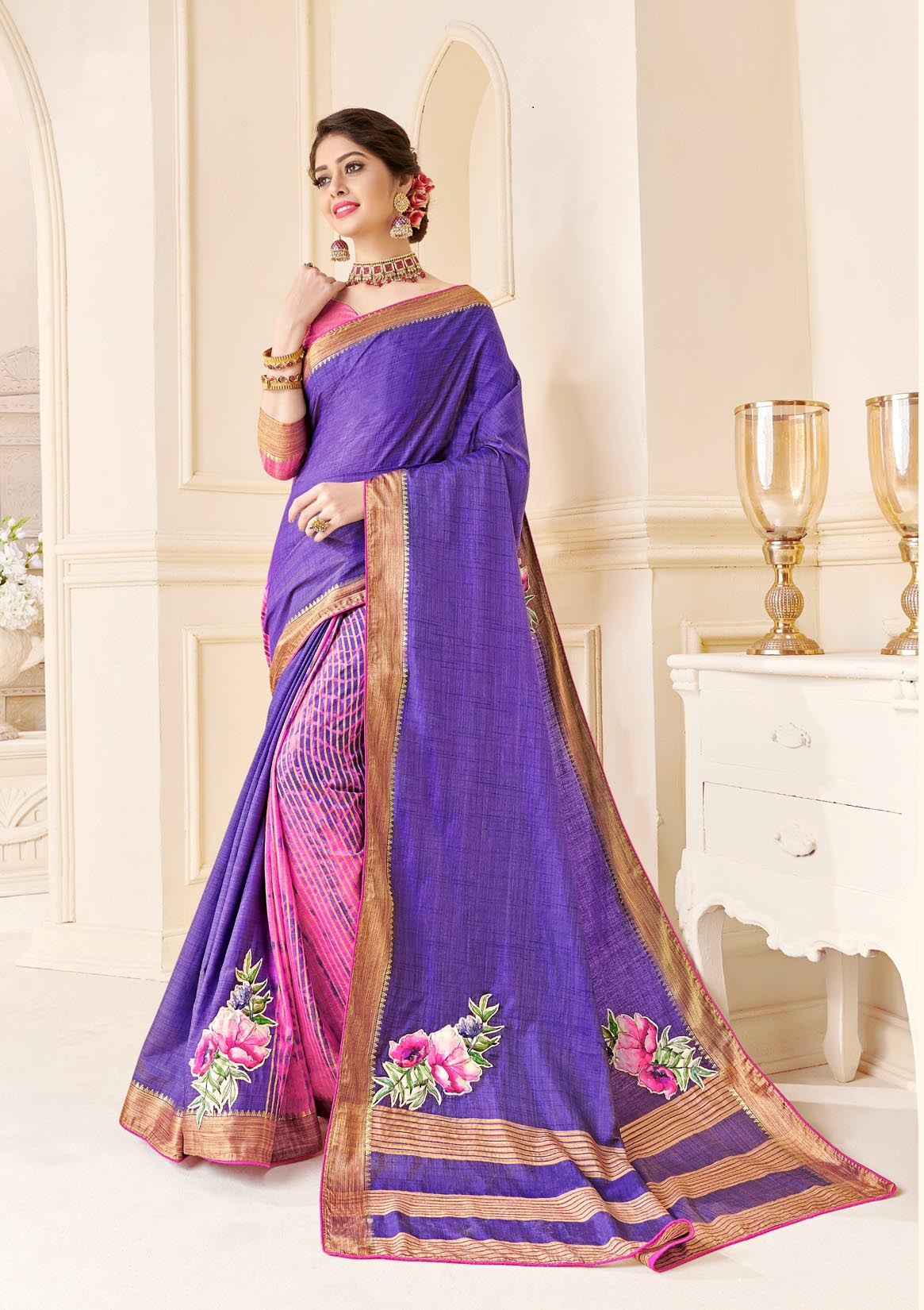 Violet Tassar Silk Saree with Golden Border and Pink Blouse