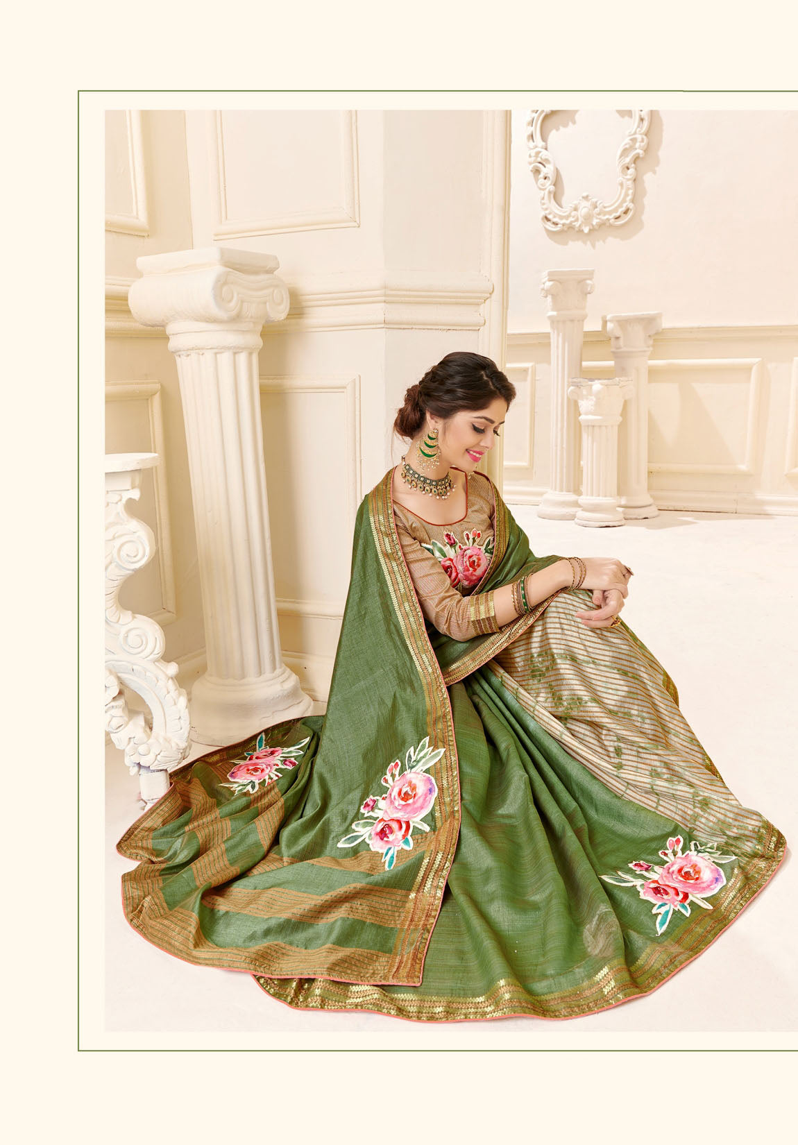 Mehendi Green Tassar Silk Saree with Floral Work and Brown Blouse
