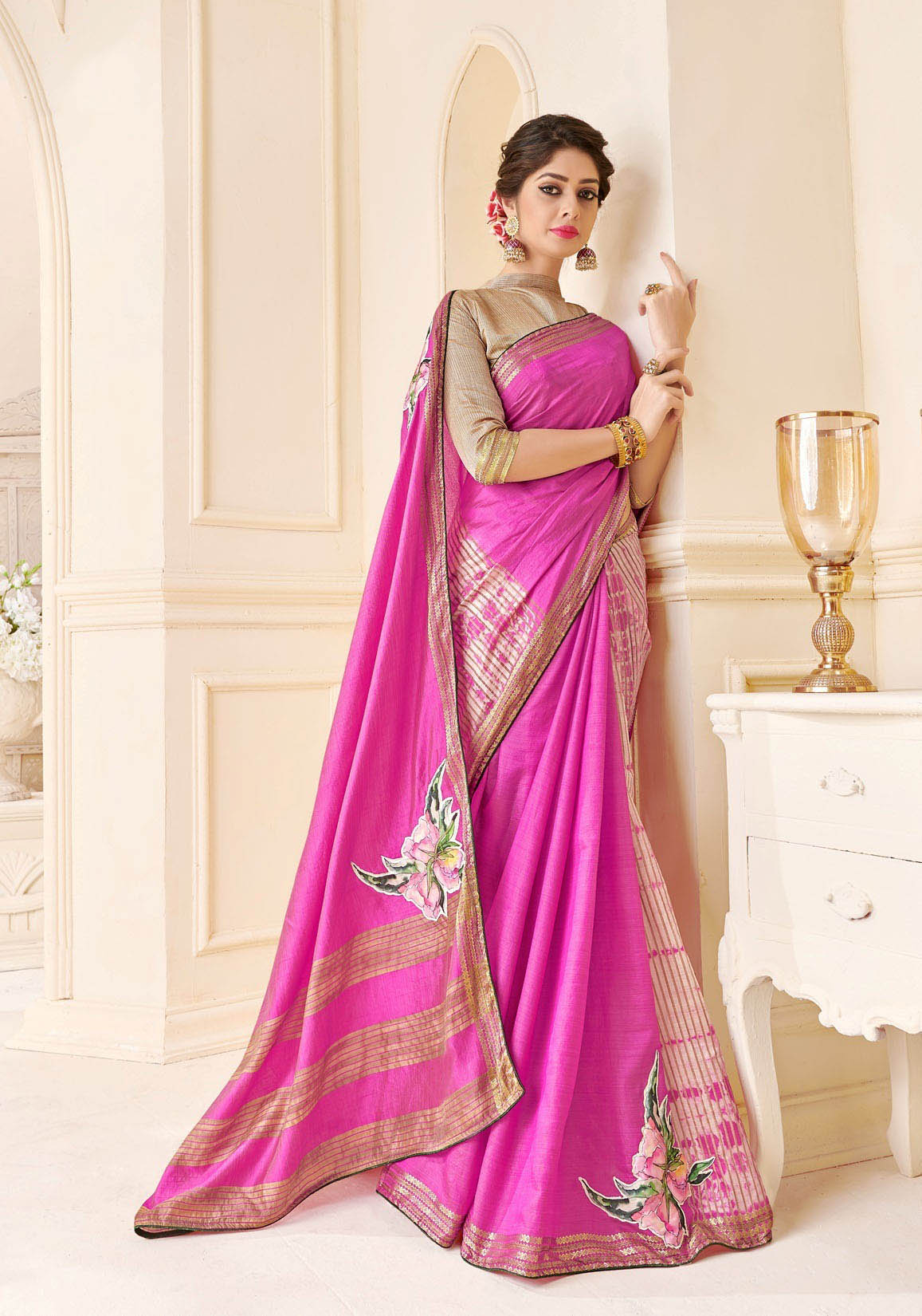 Purple Silk Saree with Golden Border and Beige Blouse