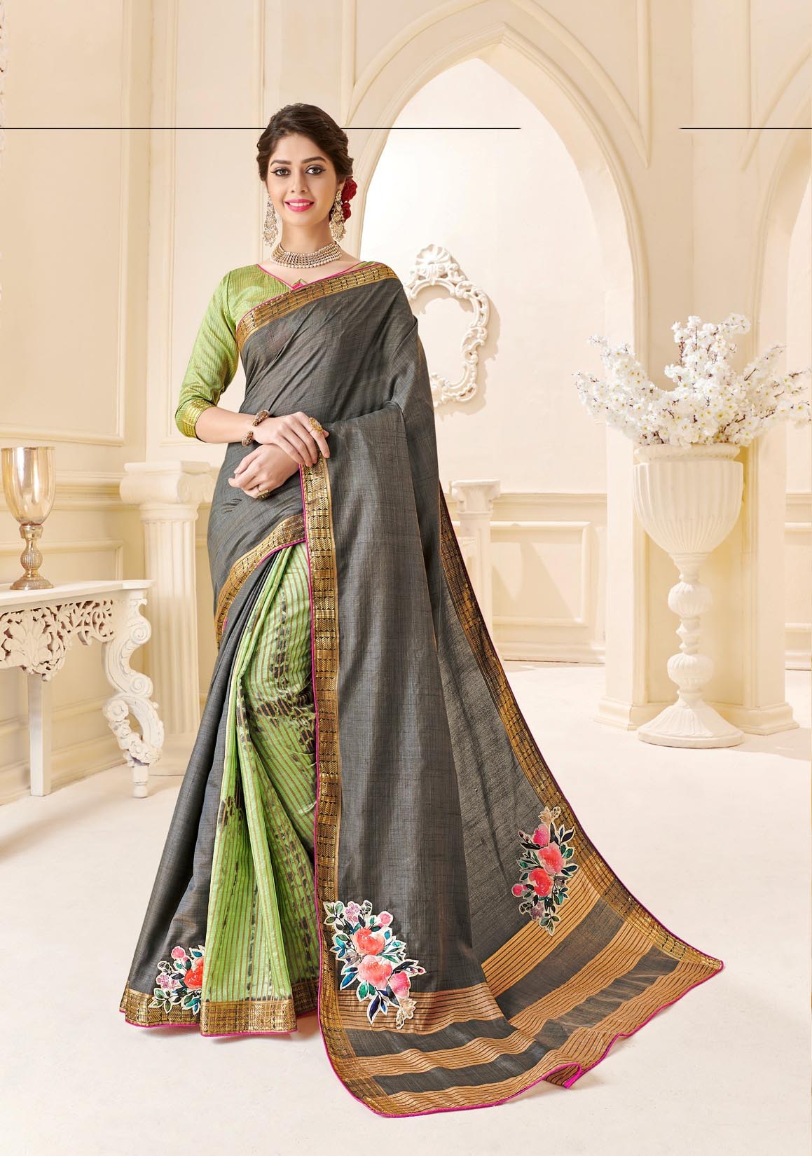Elegant Grey Silk Saree with Golden Border & Green Blouse