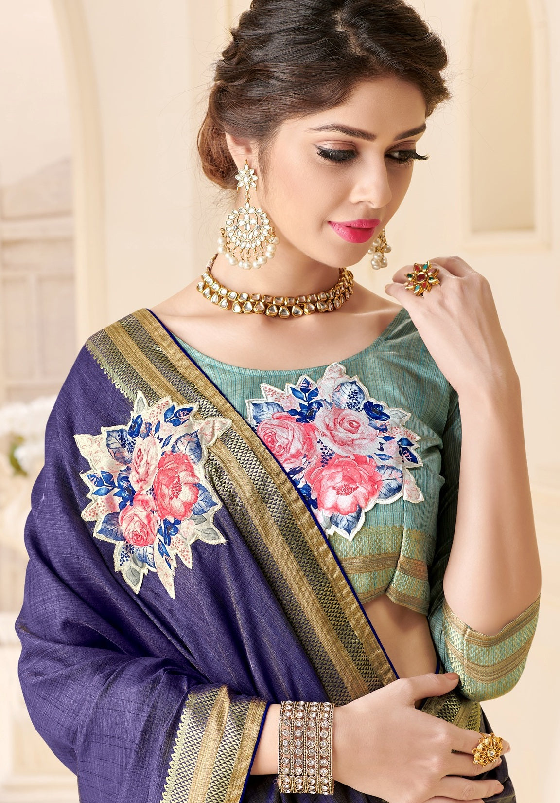Elegant Blue Silk Saree with Golden Border & Floral Embroidery
