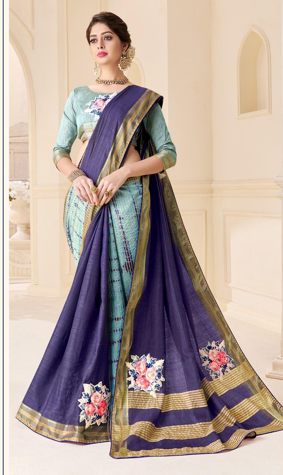 Elegant Blue Silk Saree with Golden Border & Floral Embroidery