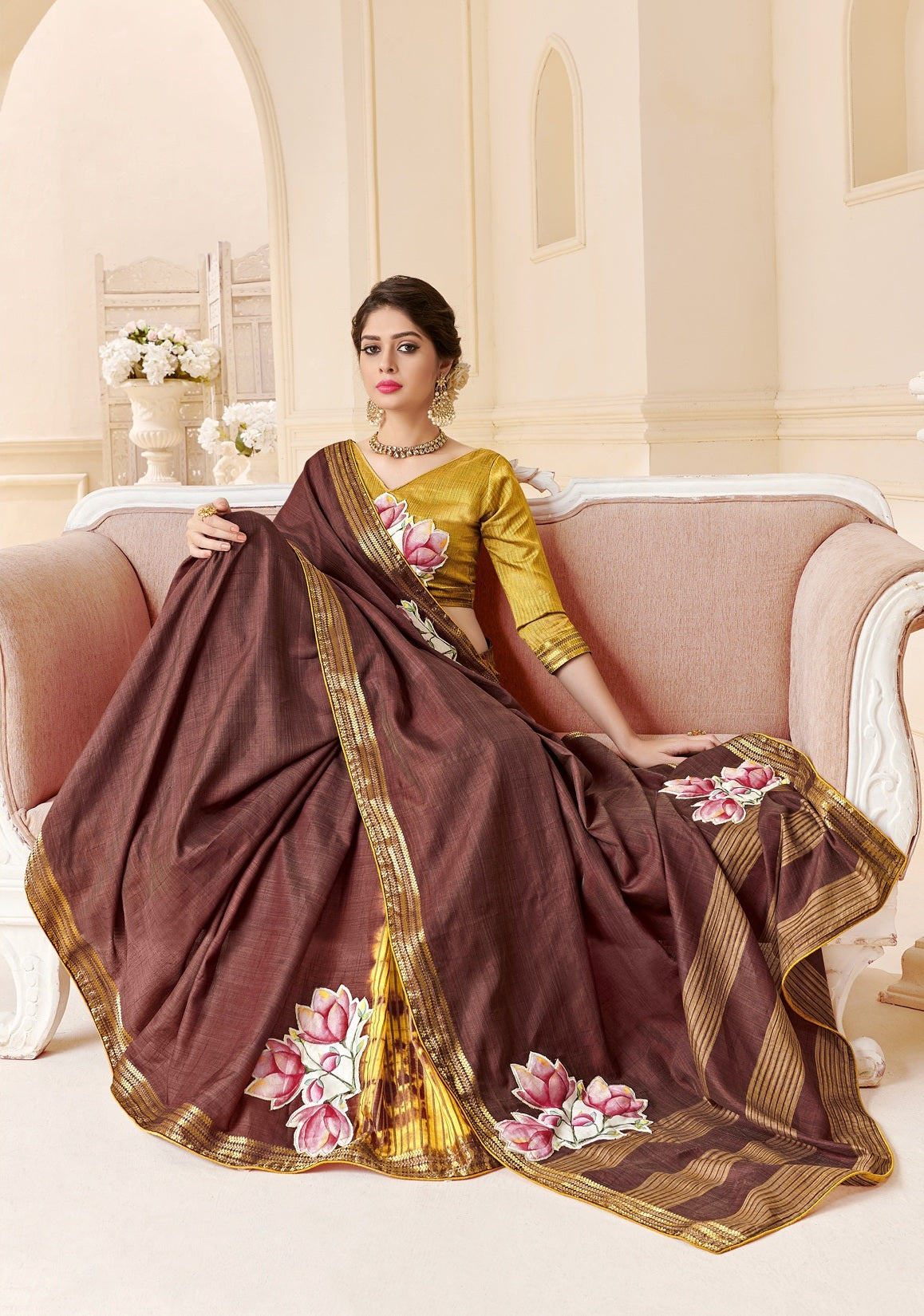 Elegant Coffee Silk Saree with Golden Blouse & Floral Print Border