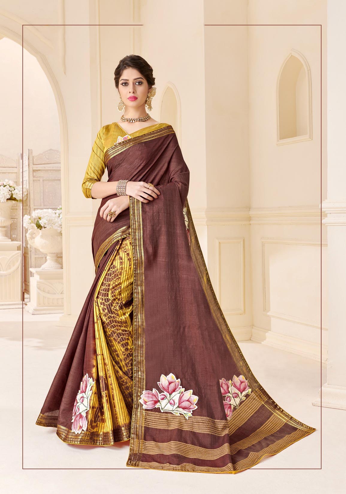 Elegant Coffee Silk Saree with Golden Blouse & Floral Print Border