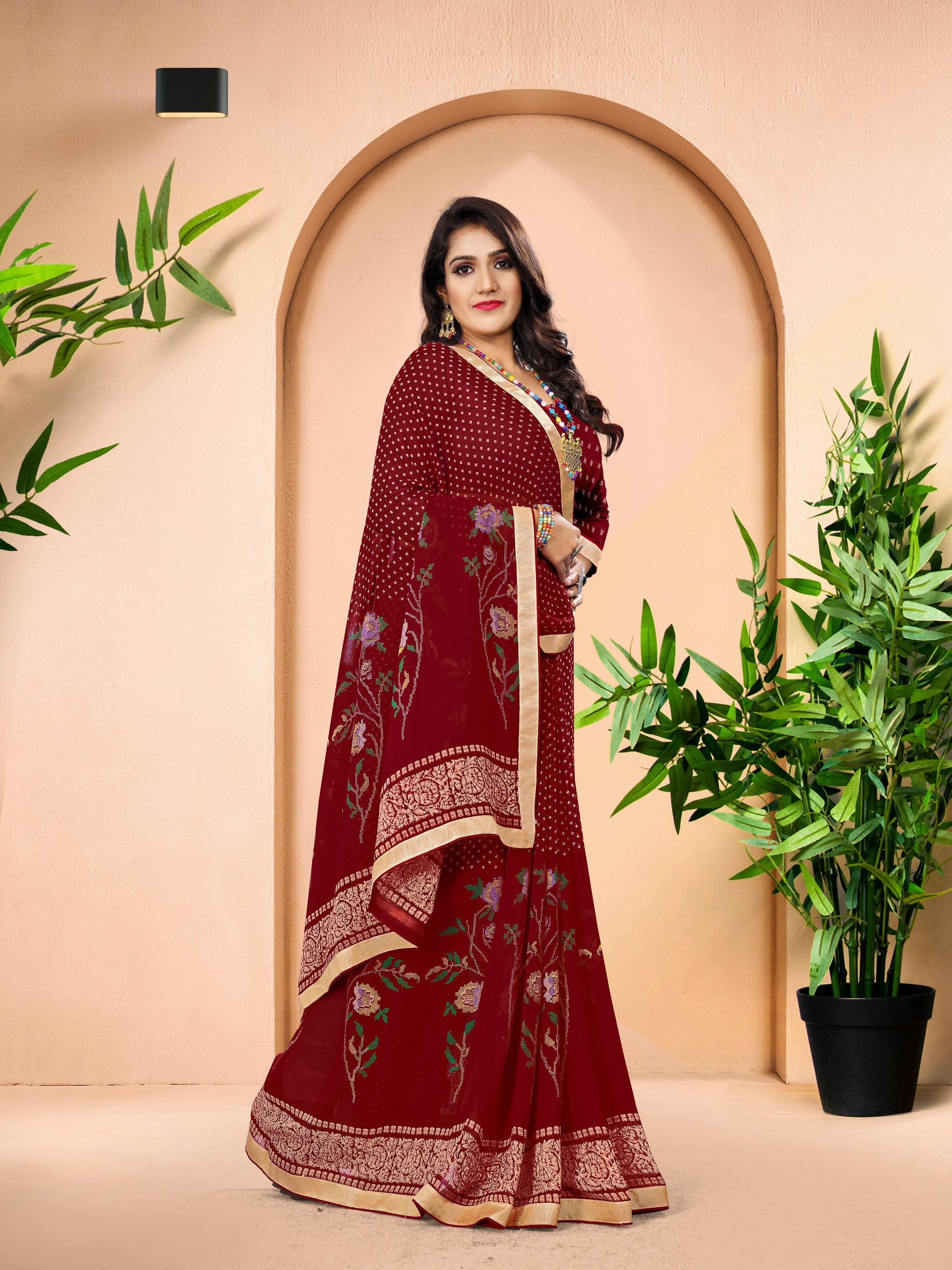 Maroon Georgette Printed Saree with Golden Lace Border & Blouse