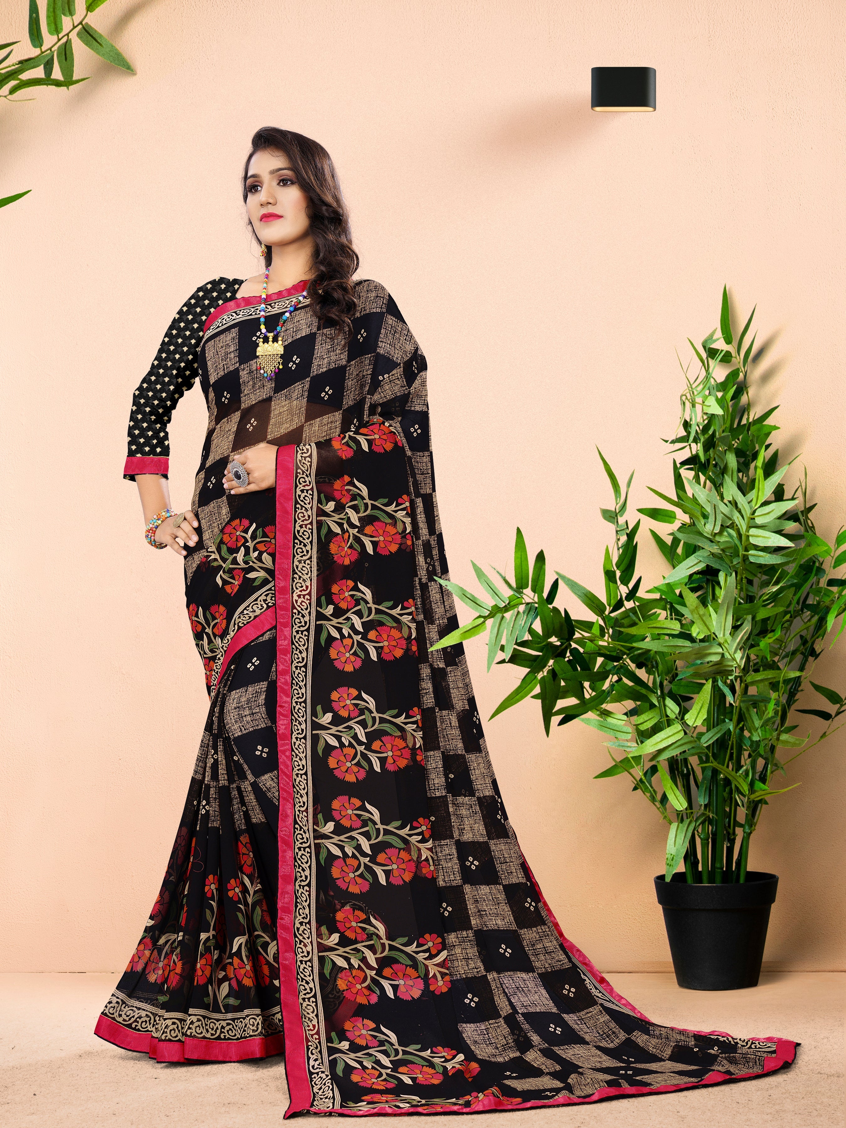 Black Georgette Printed Saree with Floral & Checkered Design and Lace Border