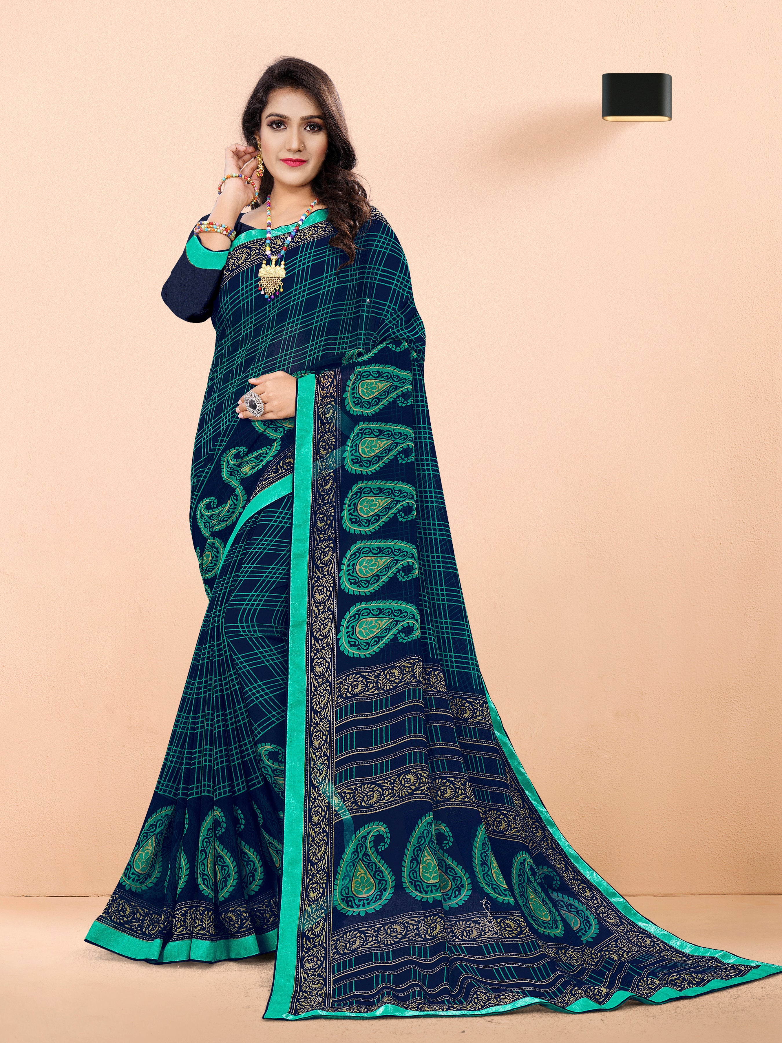 Blue Georgette Saree with Green Paisley & Checkered Print and Lace Border