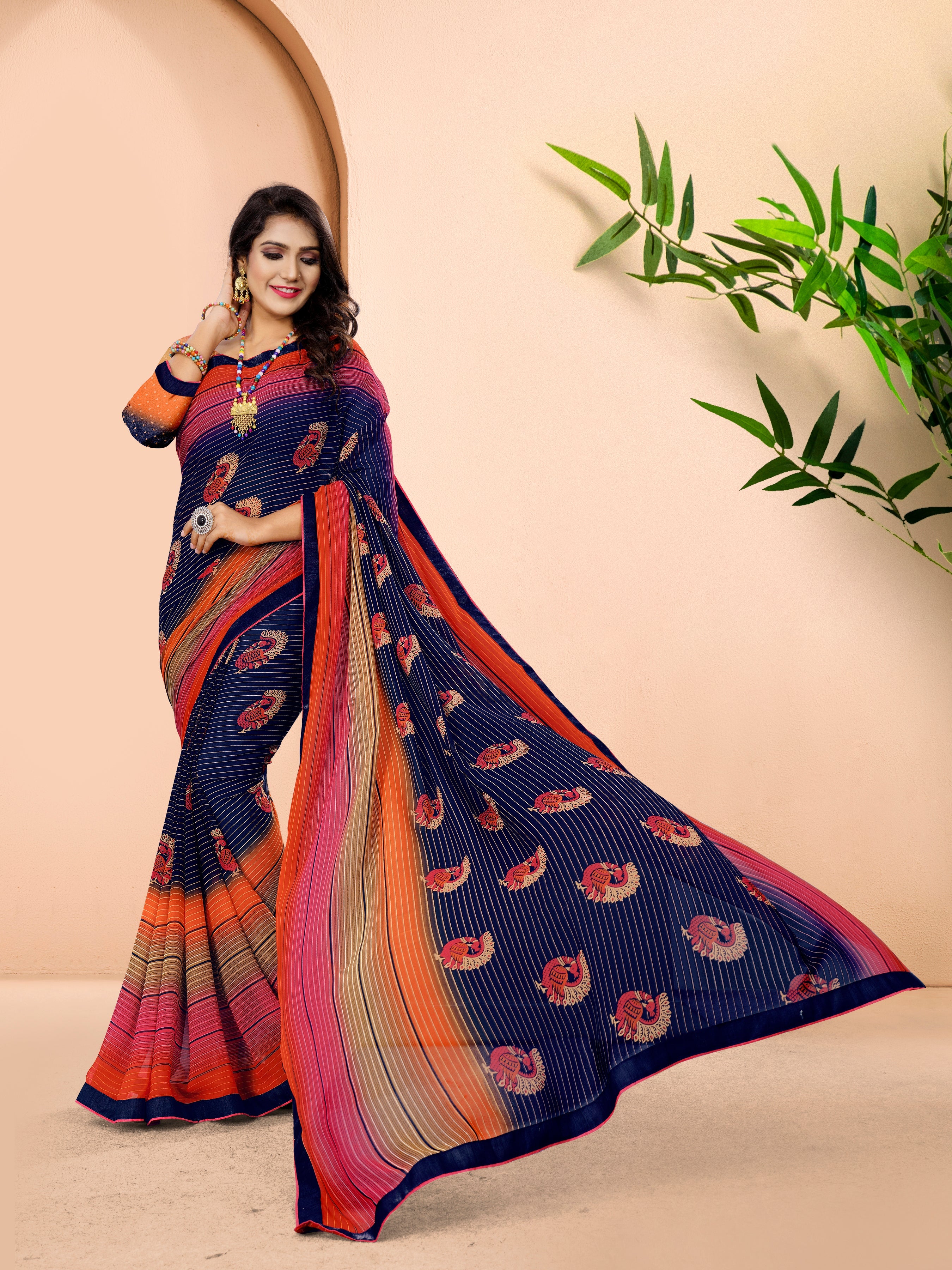 Elegant Blue Printed Saree with Matching Blue Blouse