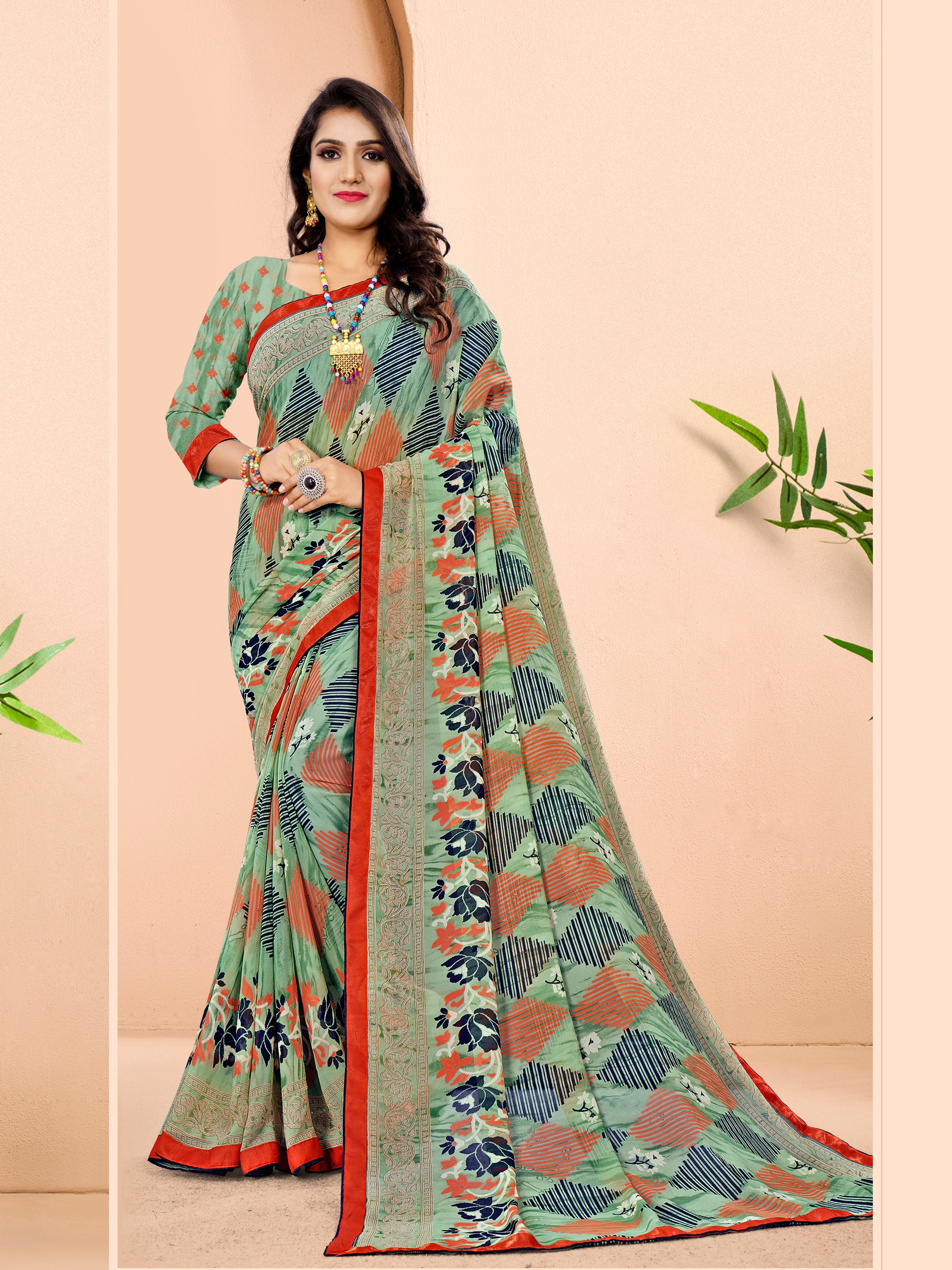 Elegant Green Printed Saree with Matching Green Blouse
