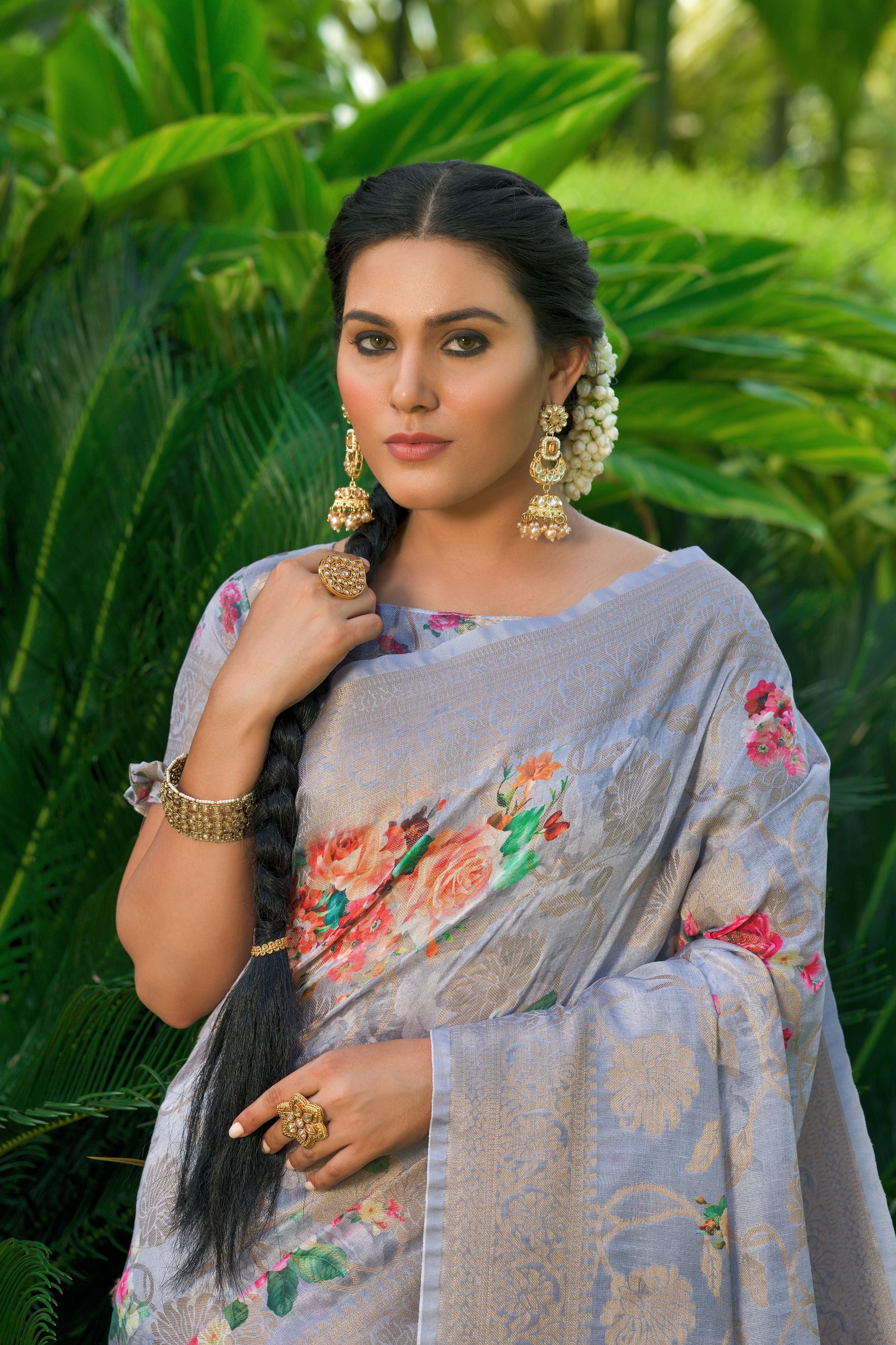 Elegant Grey Soft Munga Silk Saree – Heavy Designer Wevon & Digital Prints