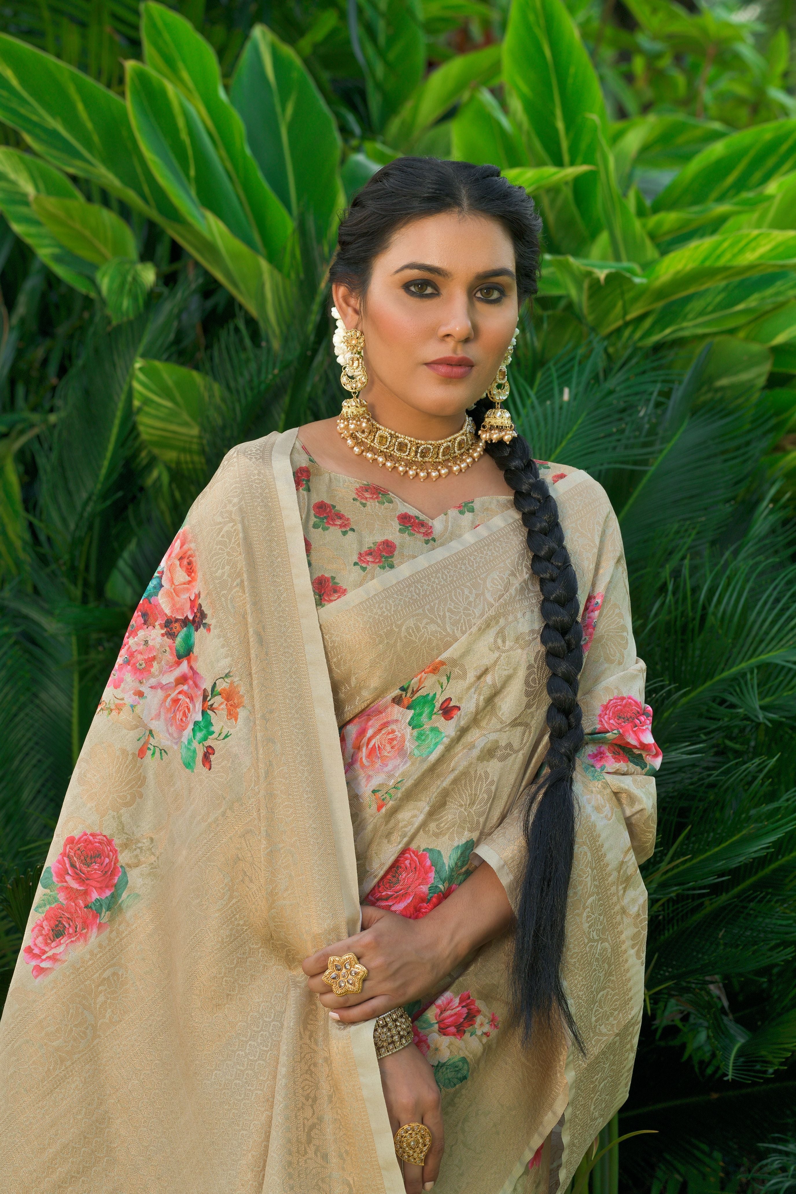 Charming Cream Soft Munga Silk Saree – Designer Wevon with Digital Print
