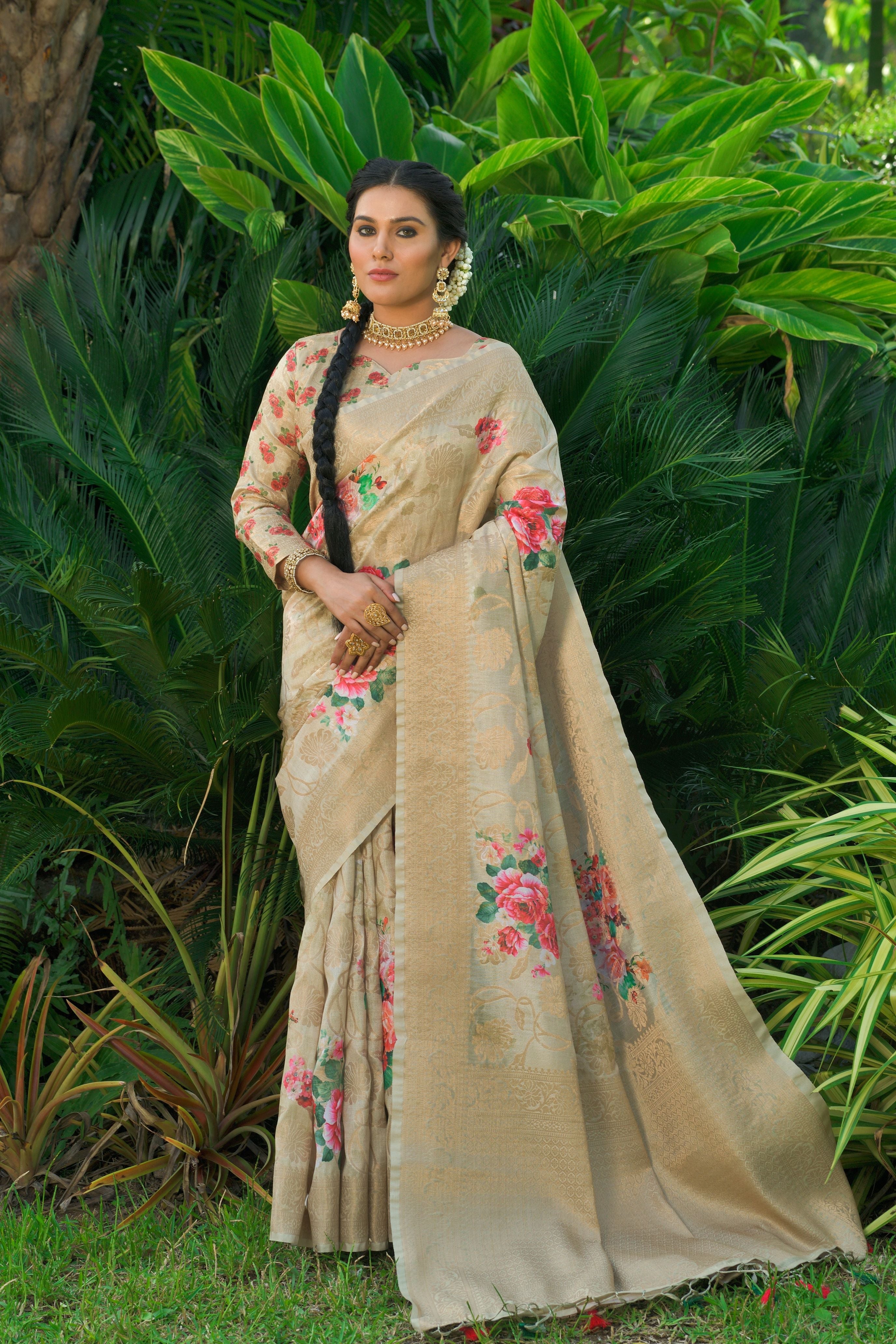 Charming Cream Soft Munga Silk Saree – Designer Wevon with Digital Print