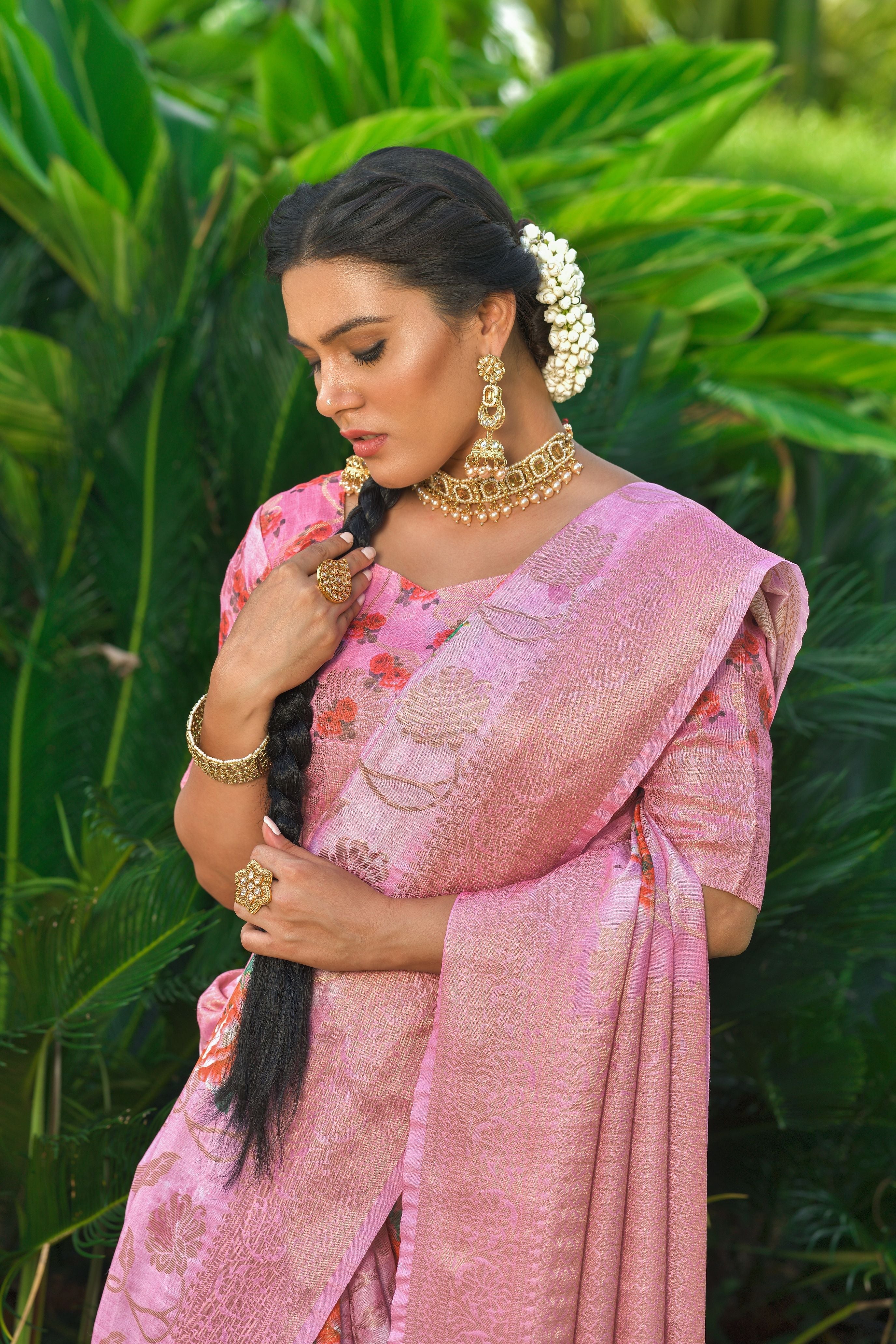 Gorgeous Pink Soft Munga Silk Saree – Heavy Wevon Designer & Digital Prints